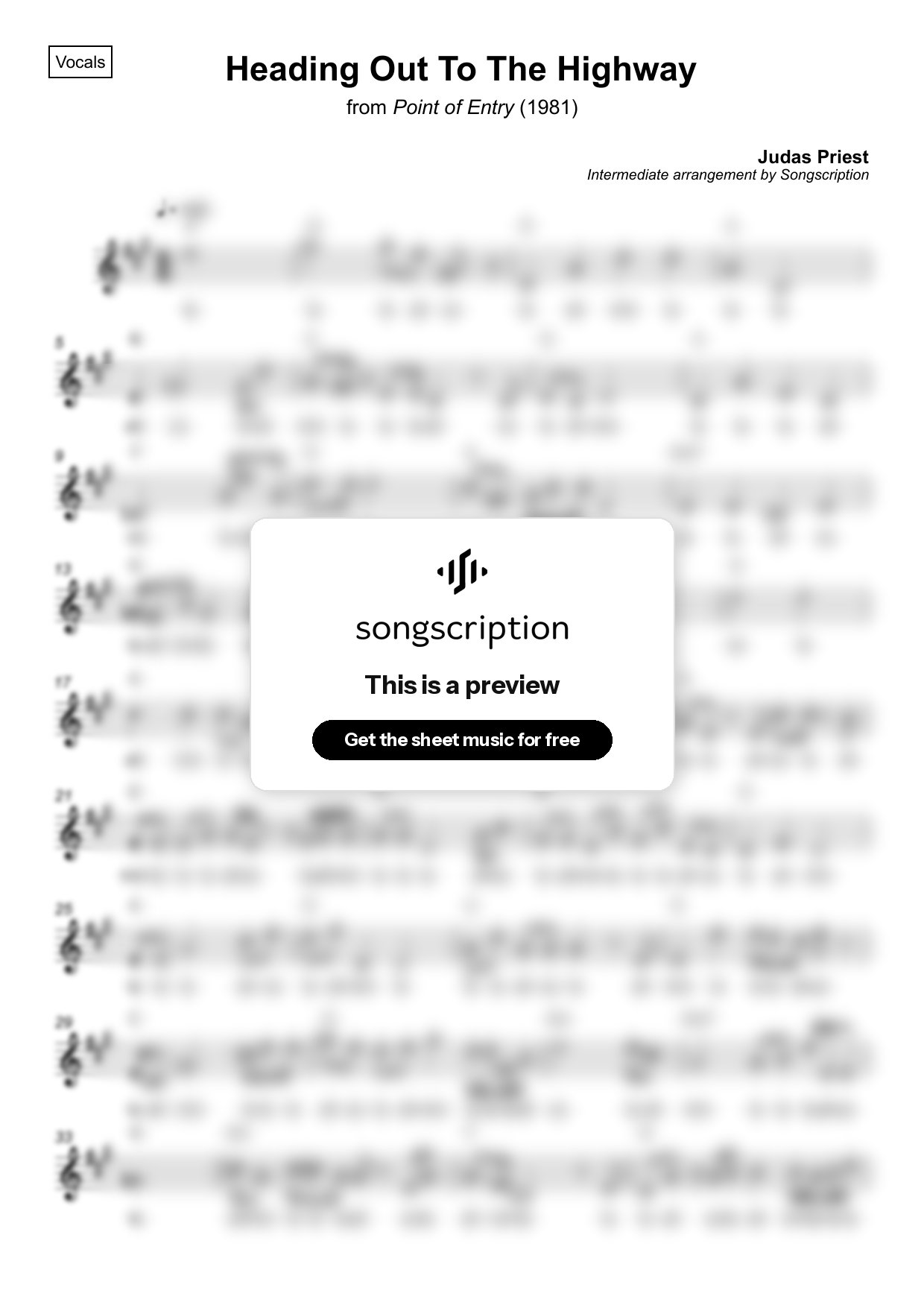Intermediate Vocals Sheet Music for "Heading Out To The Highway" by Judas Priest