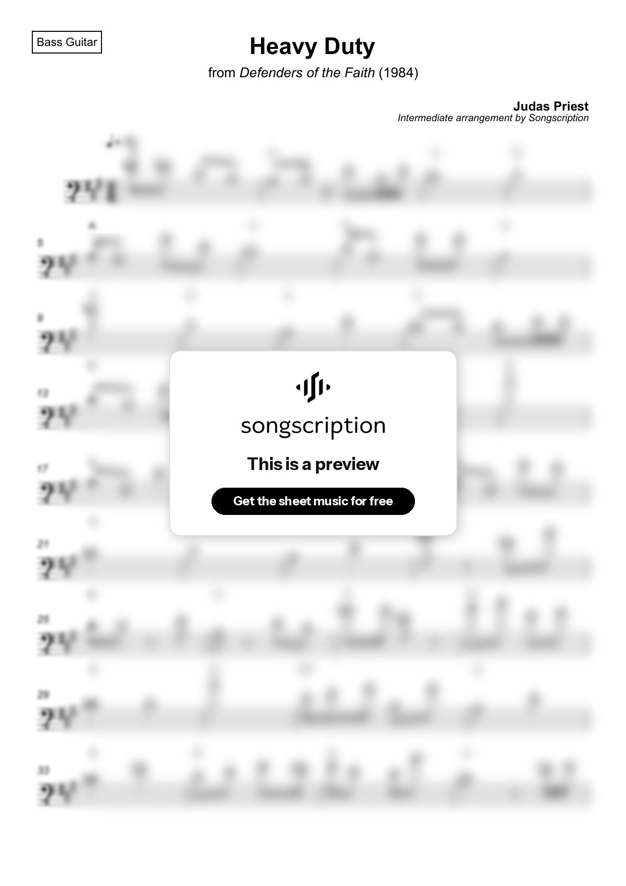 Intermediate Bass Guitar Sheet Music for "Heavy Duty" by Judas Priest