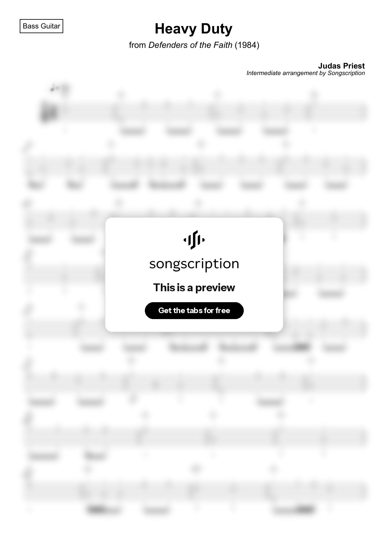 Intermediate Bass Guitar Tabs for "Heavy Duty" by Judas Priest