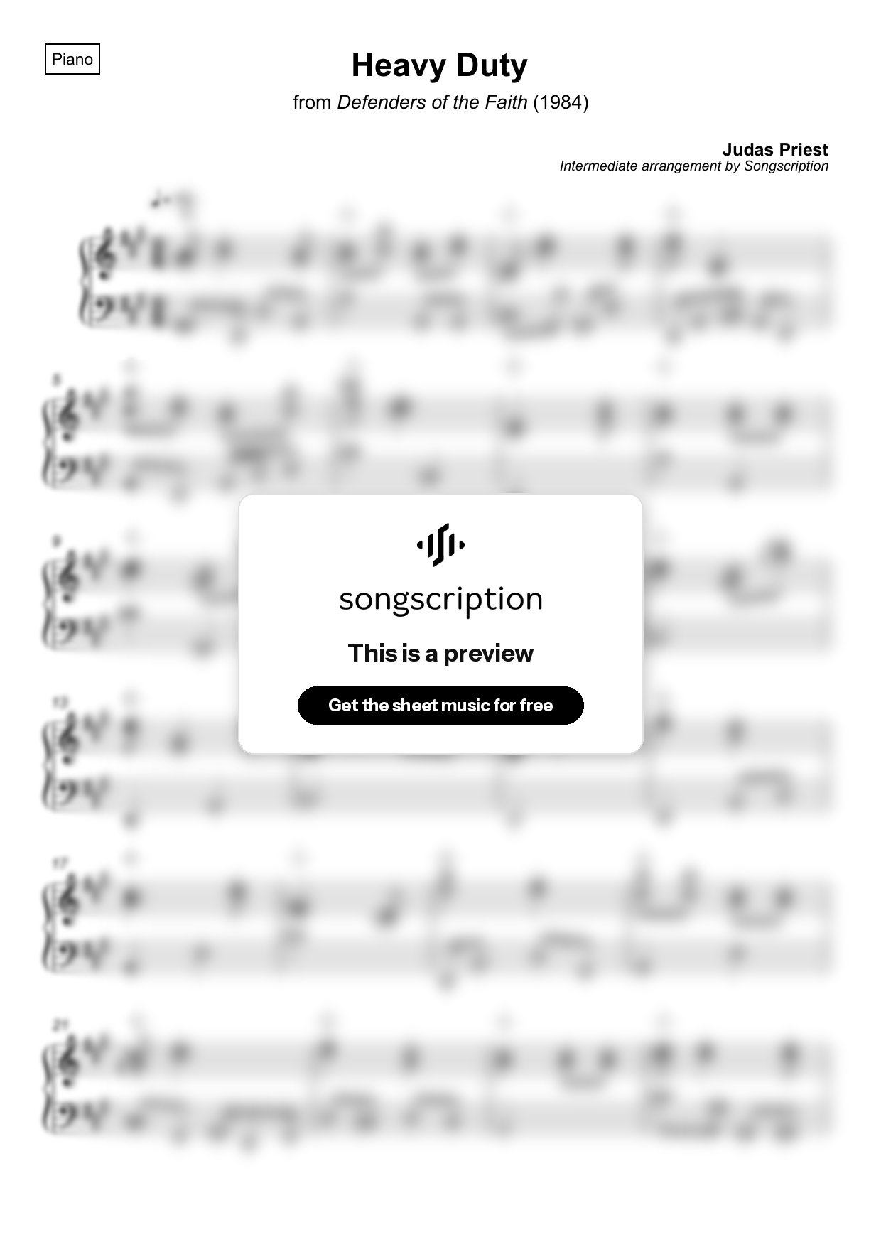 Intermediate Piano Sheet Music for "Heavy Duty" by Judas Priest