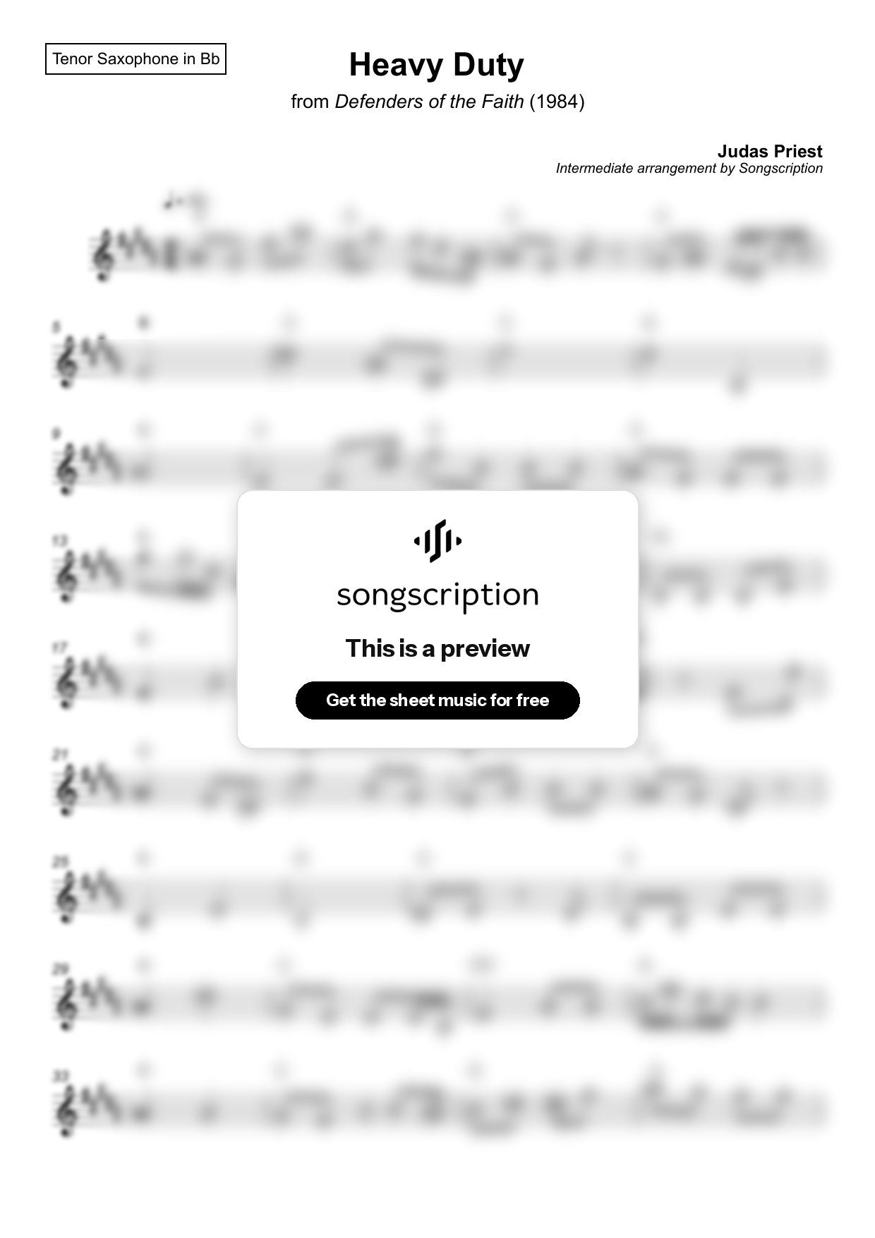 Intermediate Tenor Sax Sheet Music for "Heavy Duty" by Judas Priest