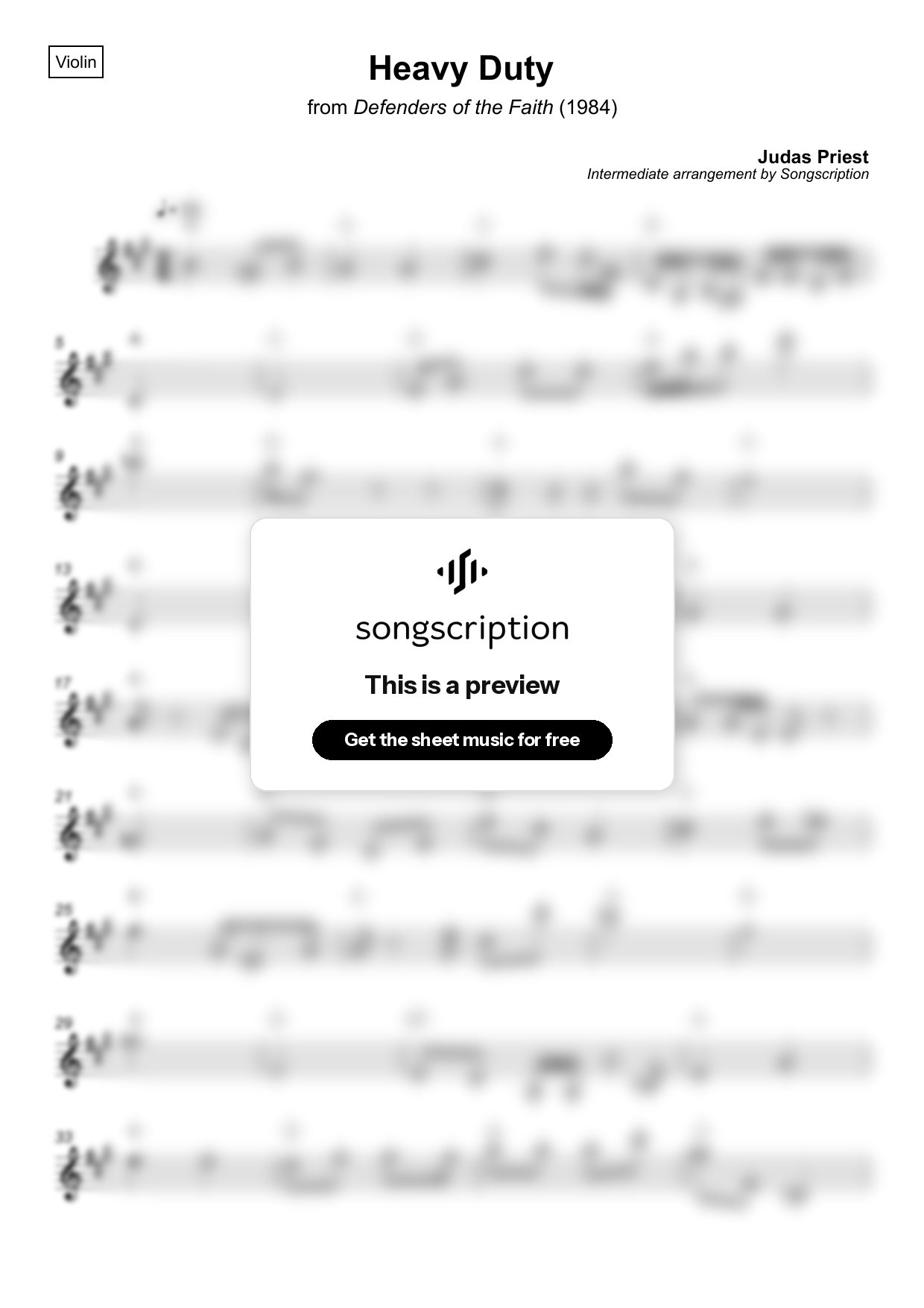Intermediate Violin Sheet Music for "Heavy Duty" by Judas Priest