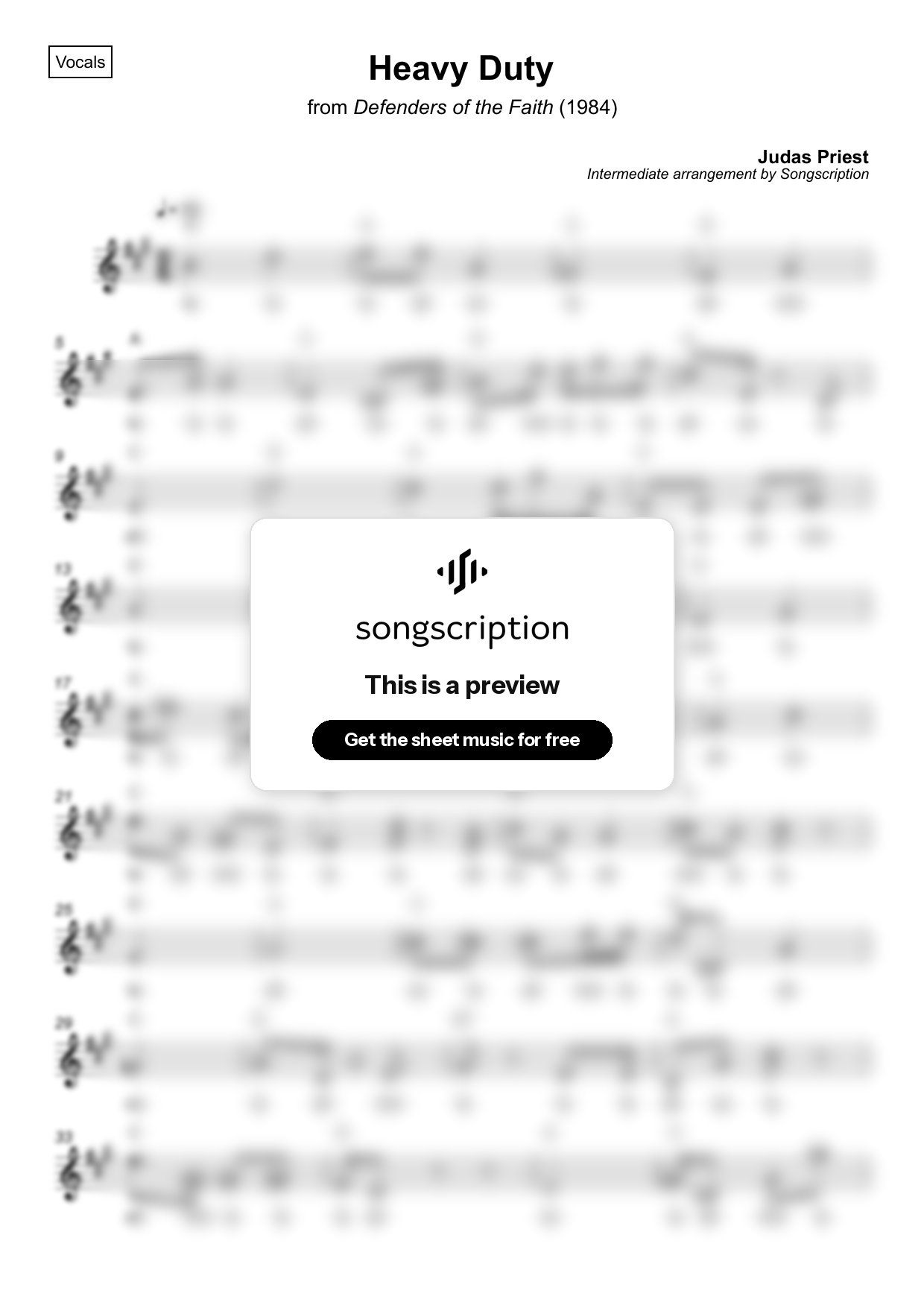 Intermediate Vocals Sheet Music for "Heavy Duty" by Judas Priest