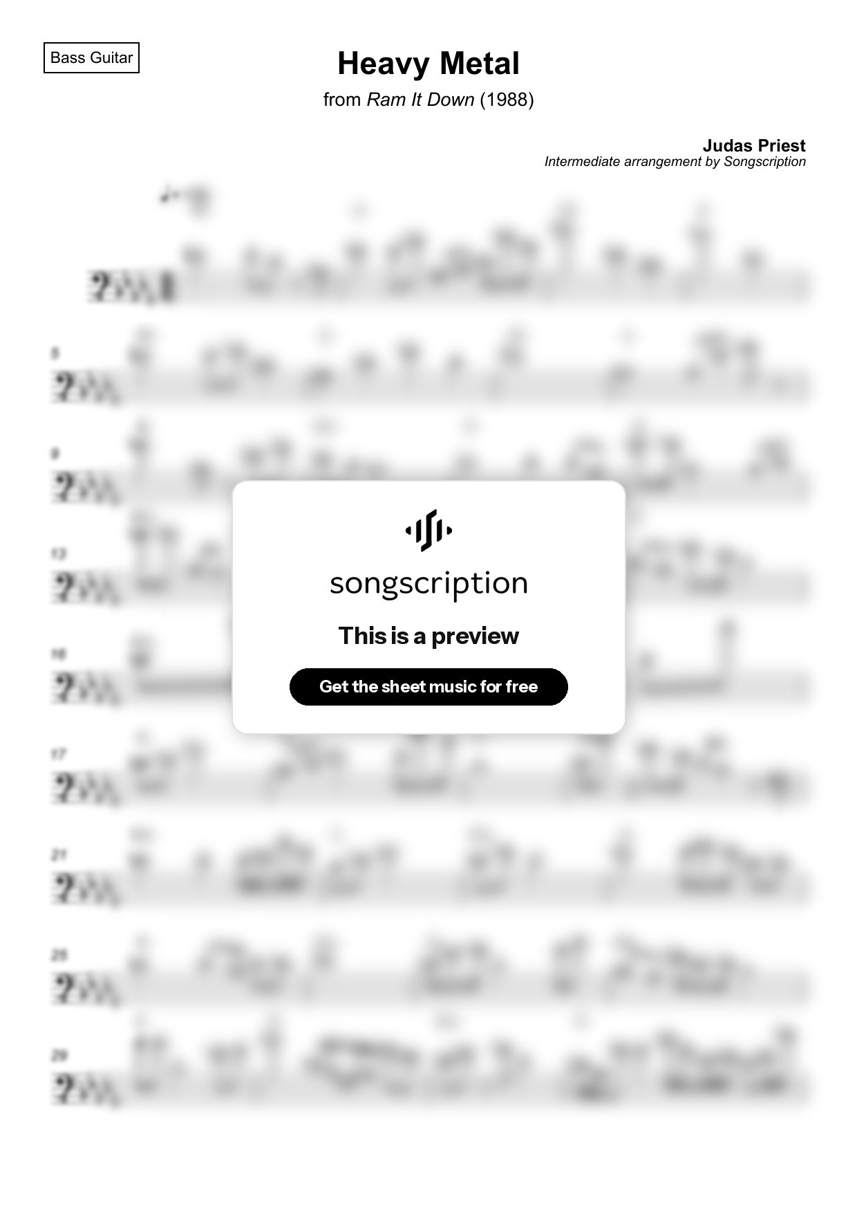 Intermediate Bass Guitar Sheet Music for "Heavy Metal" by Judas Priest