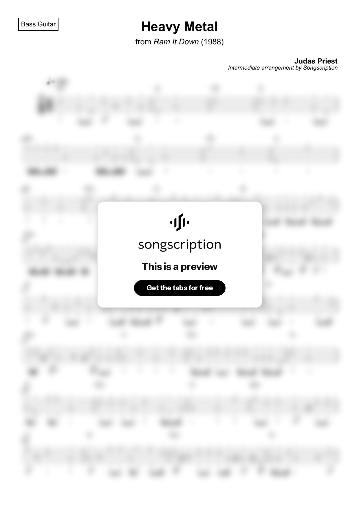 Intermediate Bass Guitar Tabs for "Heavy Metal" by Judas Priest