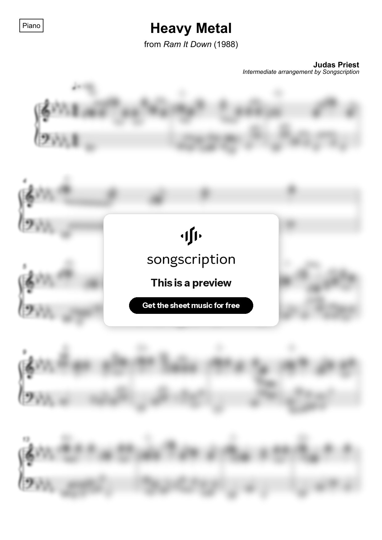 Intermediate Piano Sheet Music for "Heavy Metal" by Judas Priest
