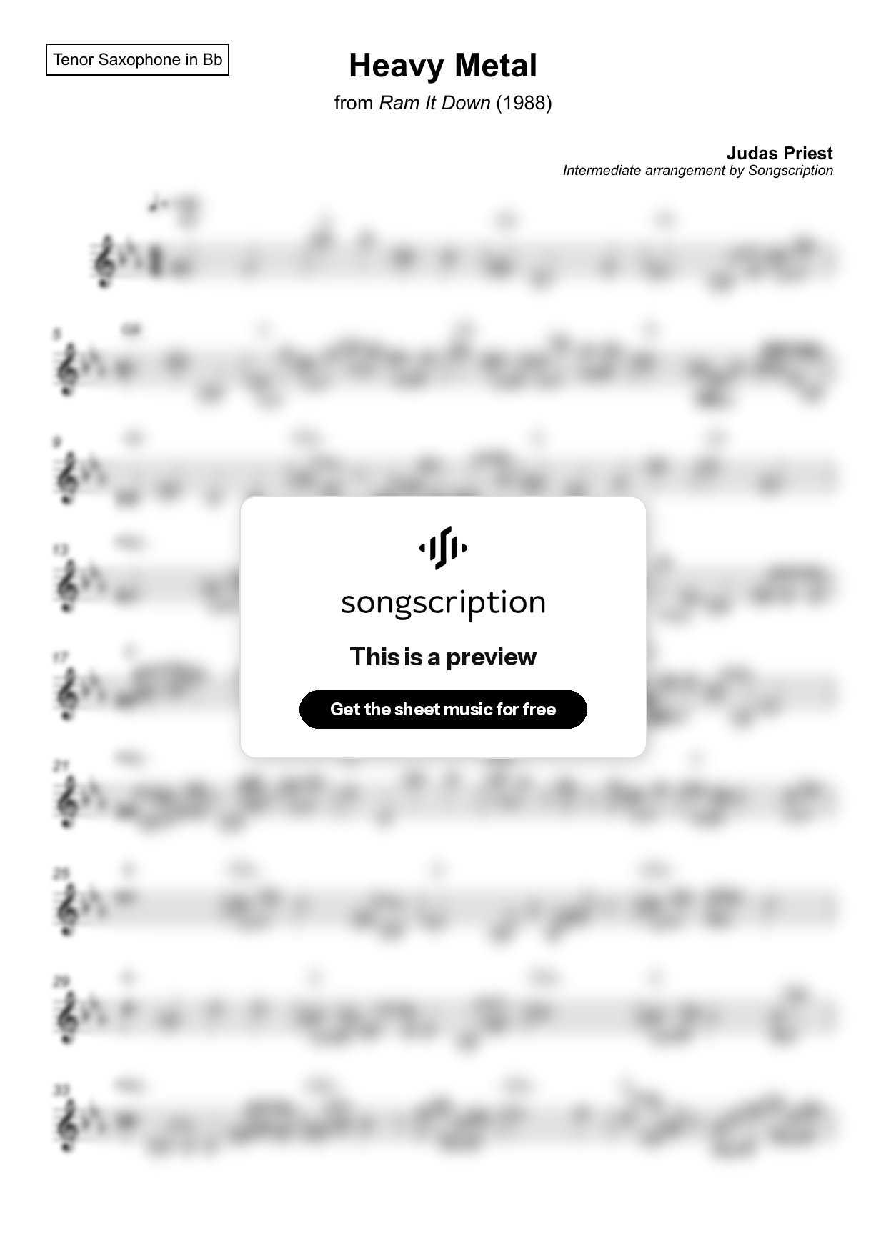 Intermediate Tenor Sax Sheet Music for "Heavy Metal" by Judas Priest