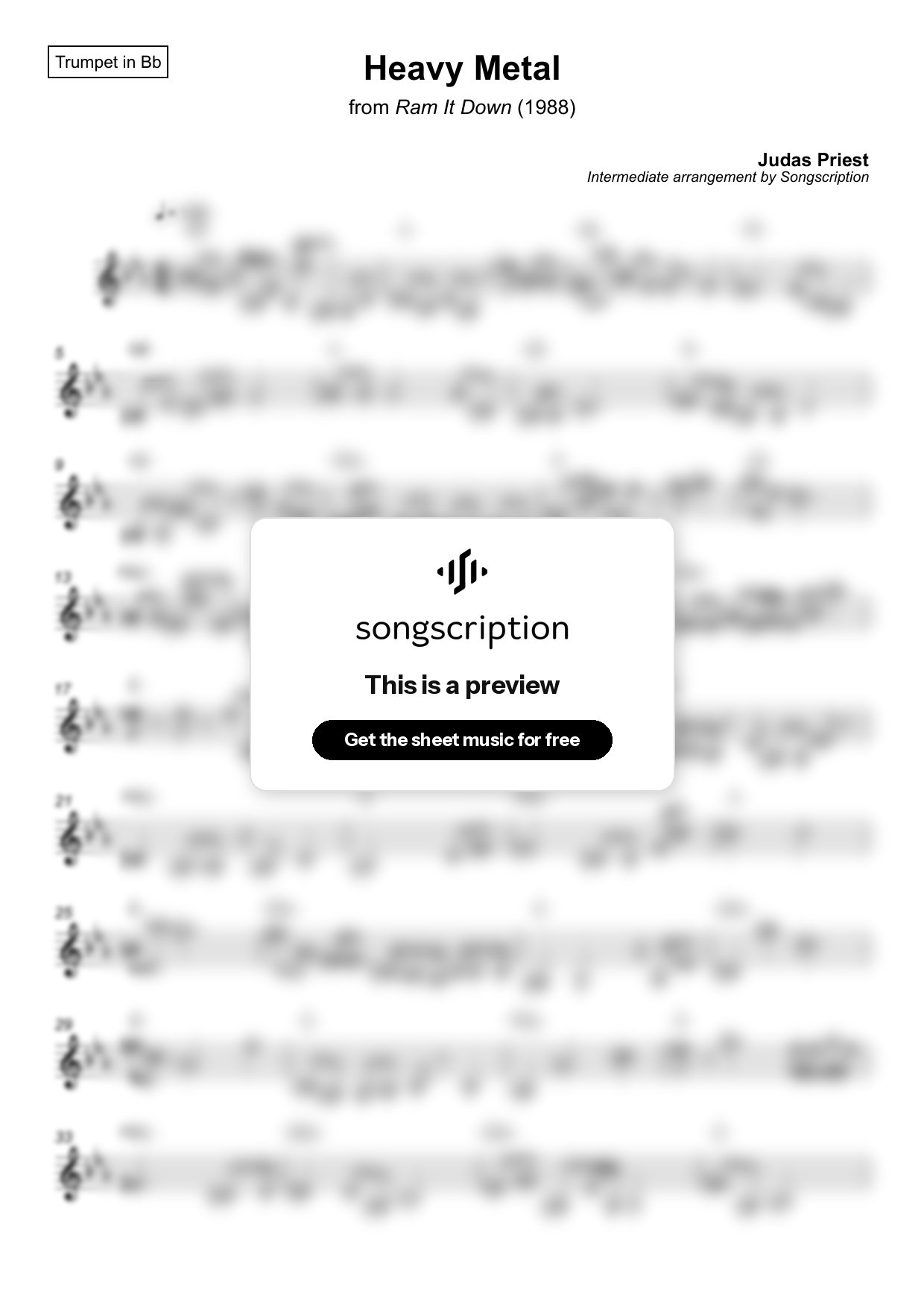 Intermediate Trumpet Sheet Music for "Heavy Metal" by Judas Priest