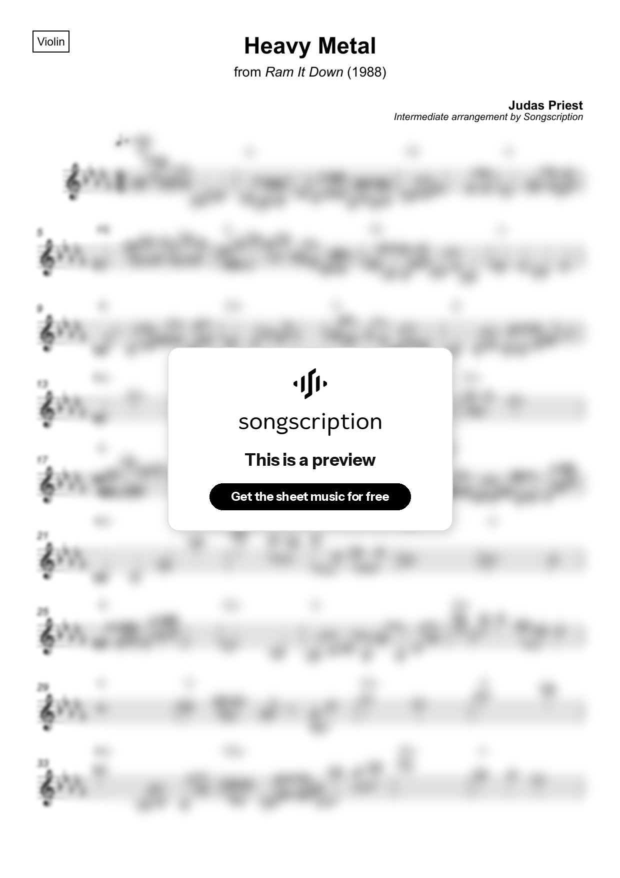 Intermediate Violin Sheet Music for "Heavy Metal" by Judas Priest