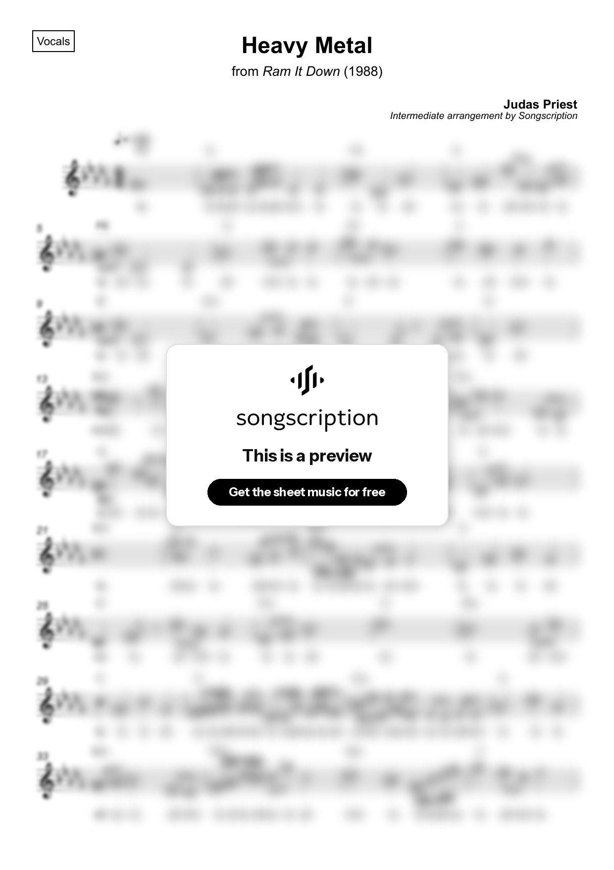 Intermediate Vocals Sheet Music for "Heavy Metal" by Judas Priest