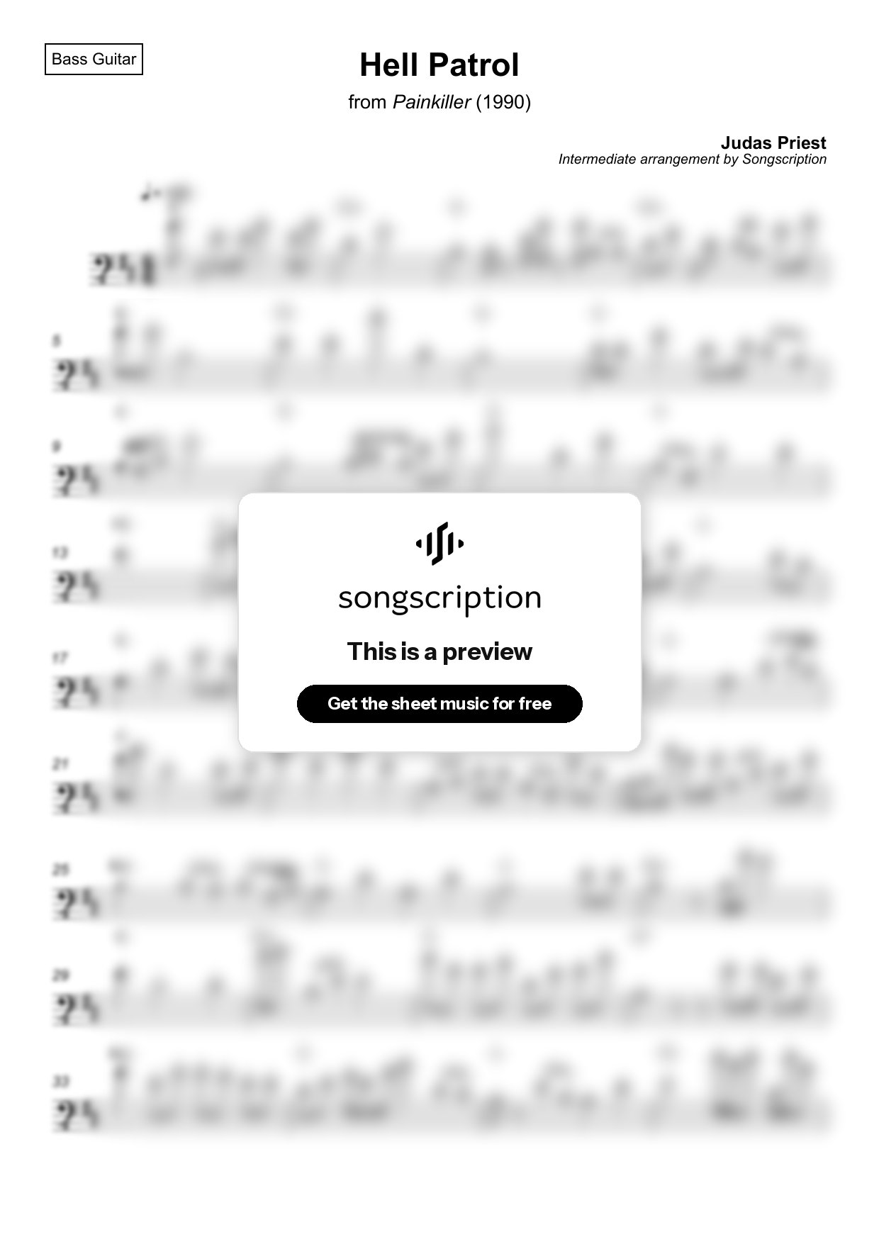 Intermediate Bass Guitar Sheet Music for "Hell Patrol" by Judas Priest
