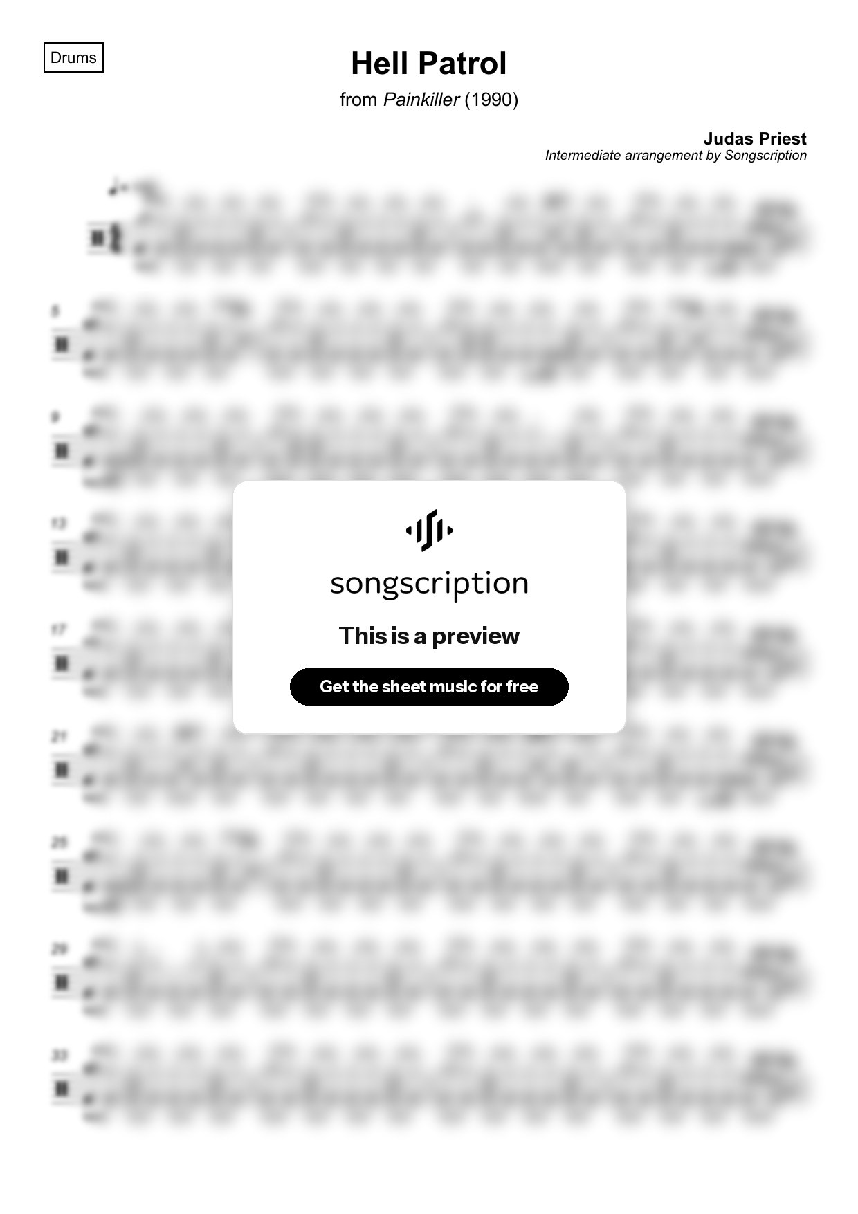 Intermediate Drums Sheet Music for "Hell Patrol" by Judas Priest