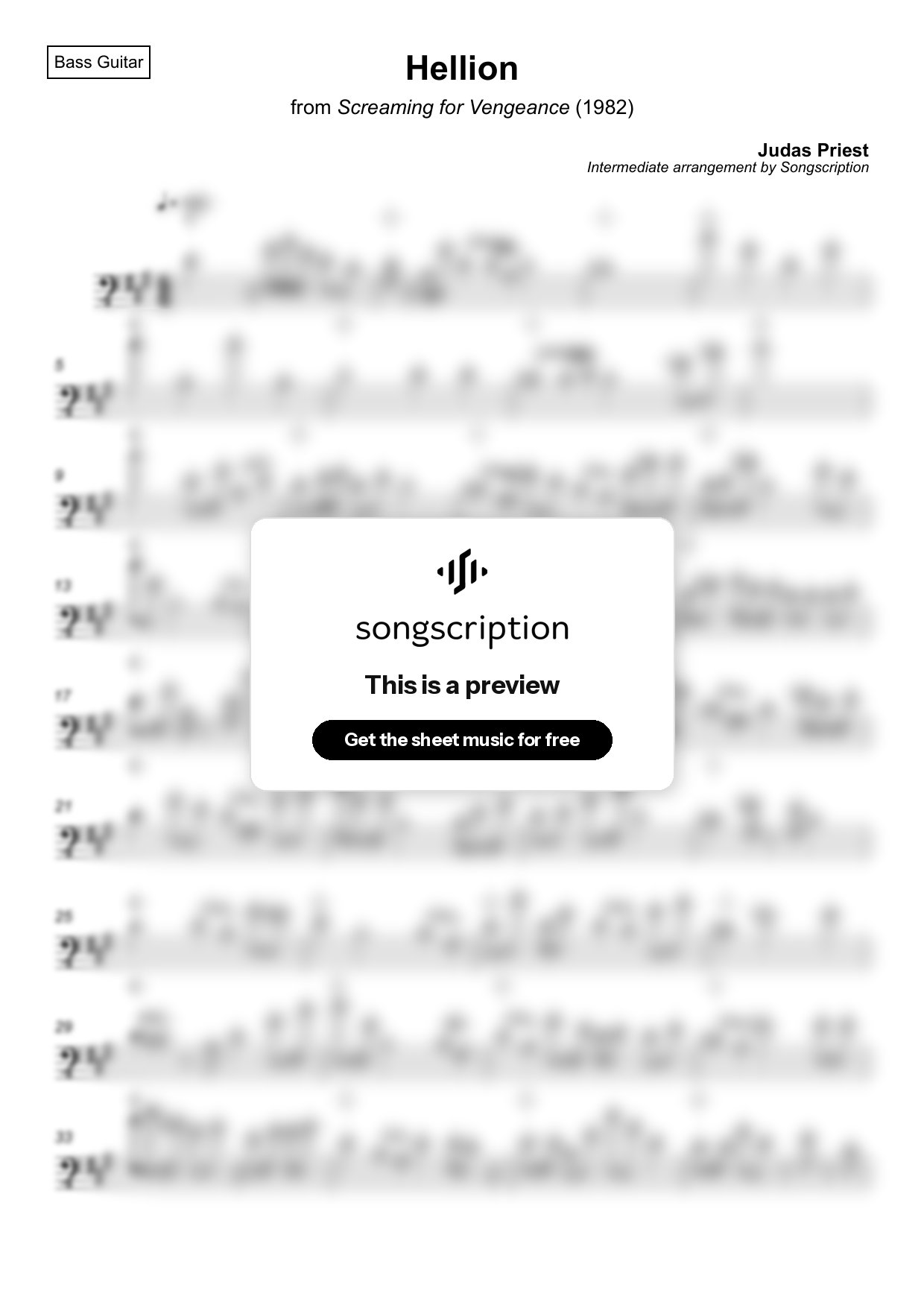 Intermediate Bass Guitar Sheet Music for "Hellion" by Judas Priest