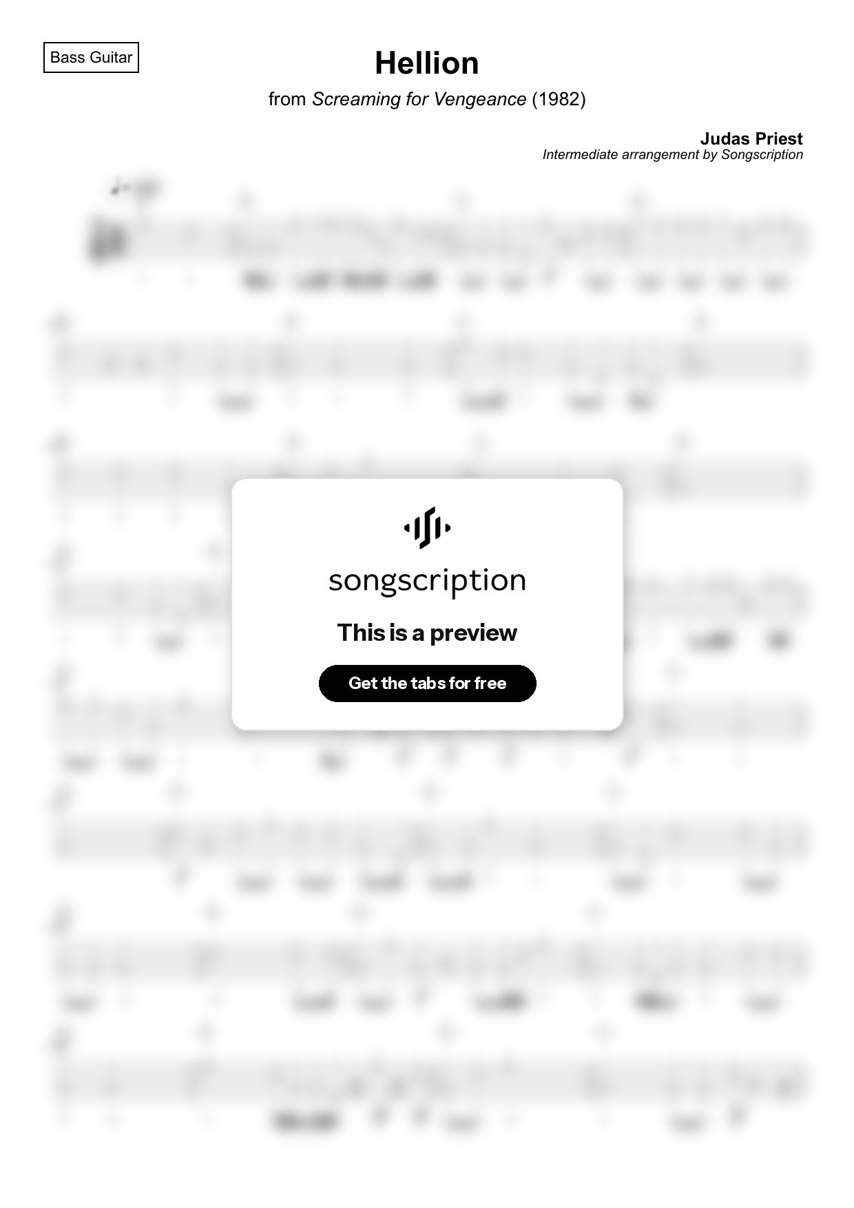 Intermediate Bass Guitar Tabs for "Hellion" by Judas Priest