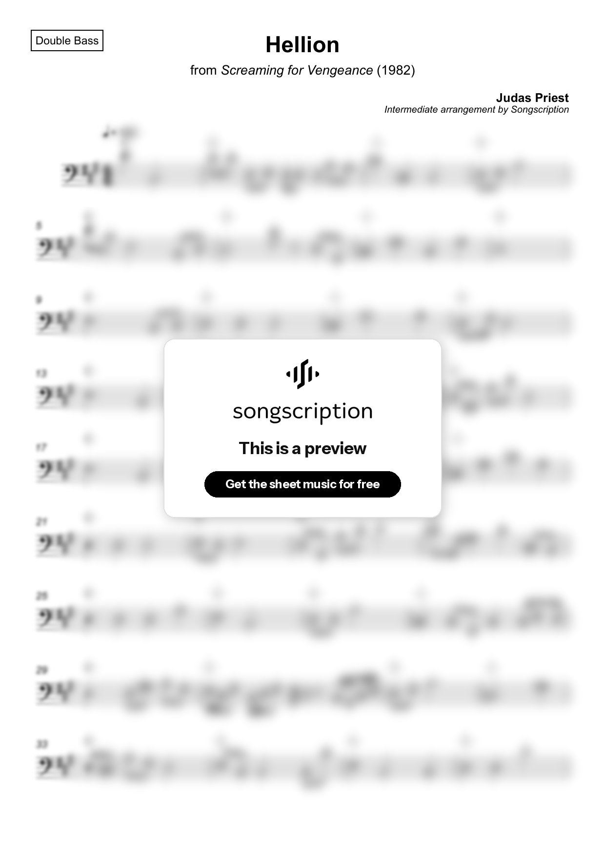 Intermediate Double Bass Sheet Music for "Hellion" by Judas Priest