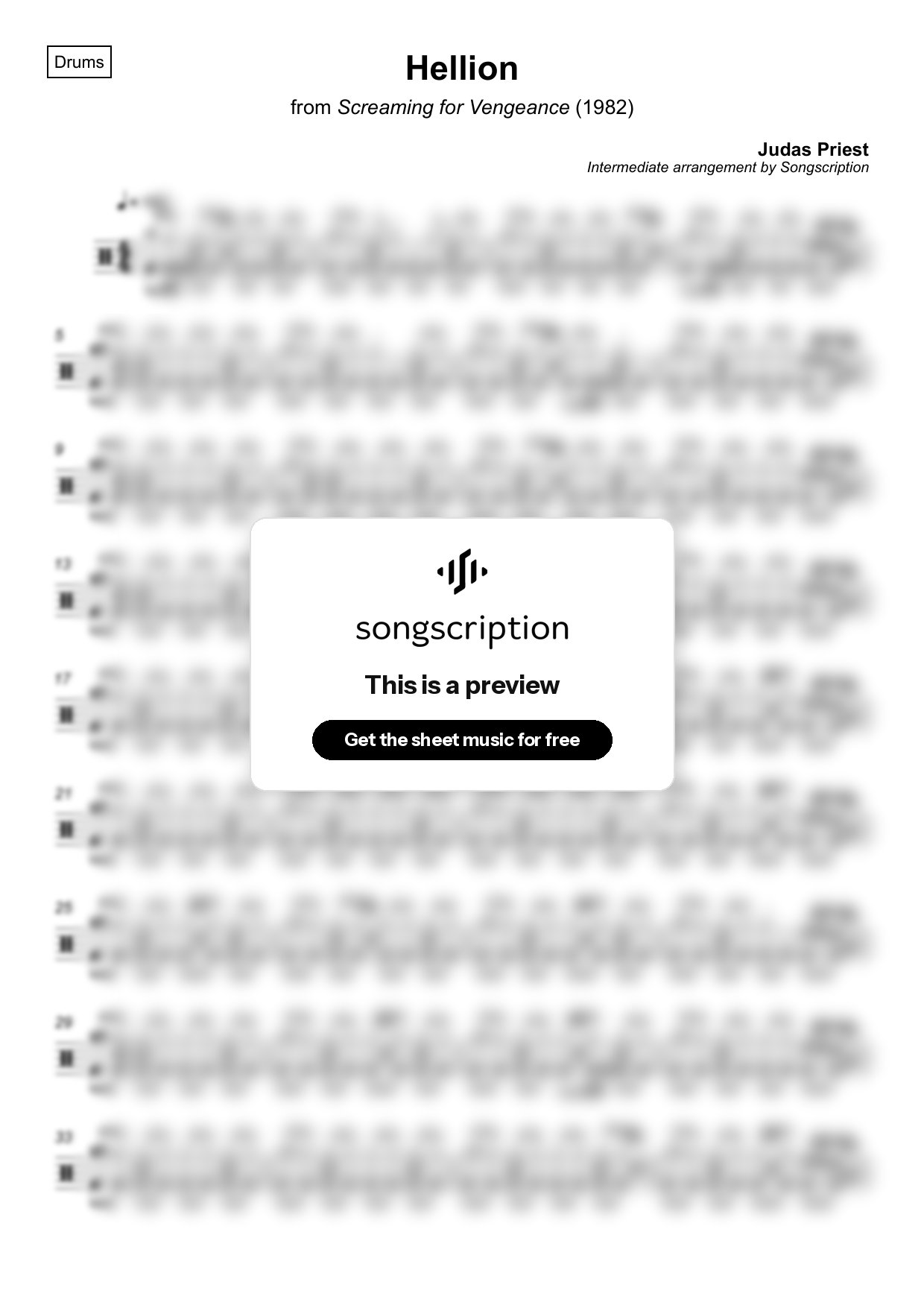 Intermediate Drums Sheet Music for "Hellion" by Judas Priest