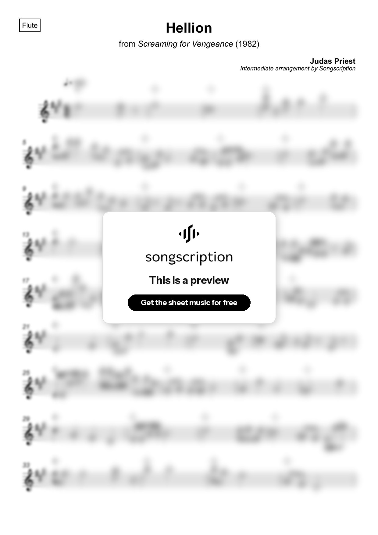 Intermediate Flute Sheet Music for "Hellion" by Judas Priest