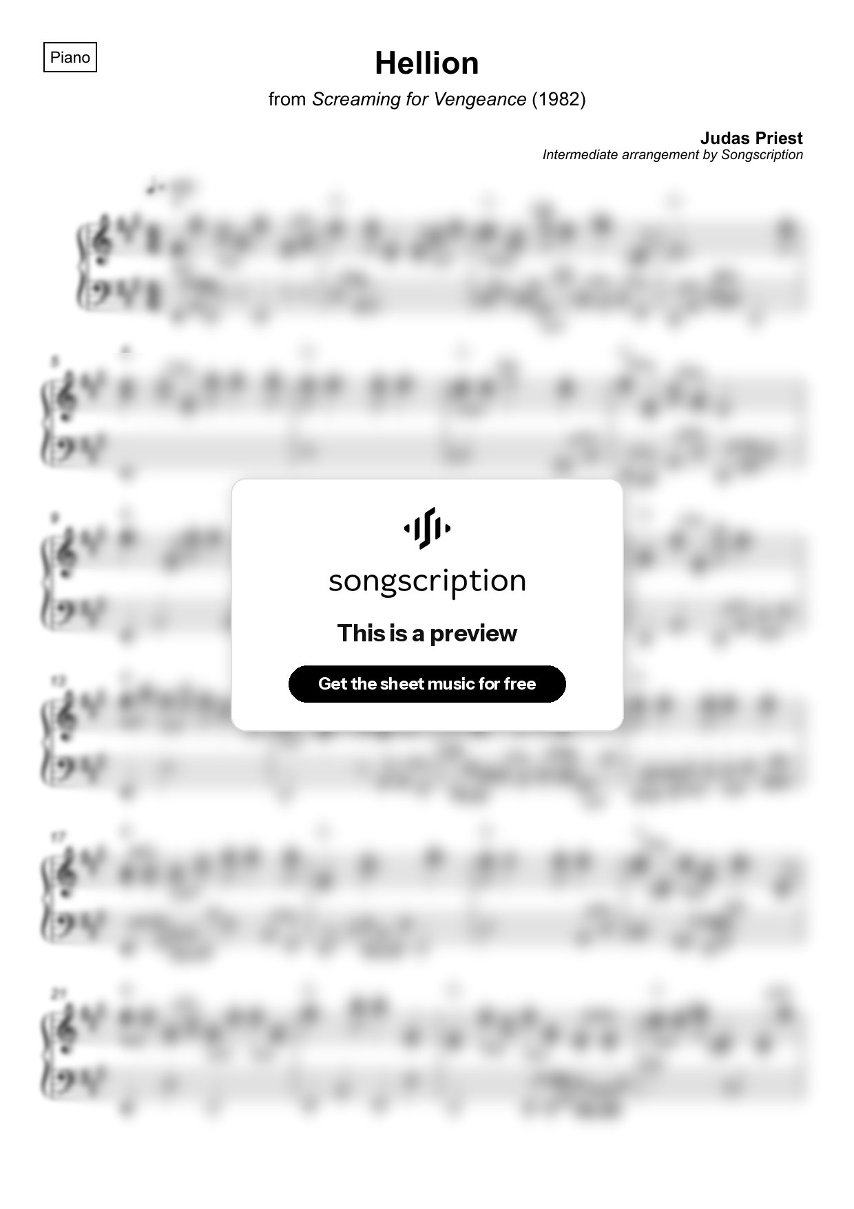 Intermediate Piano Sheet Music for "Hellion" by Judas Priest