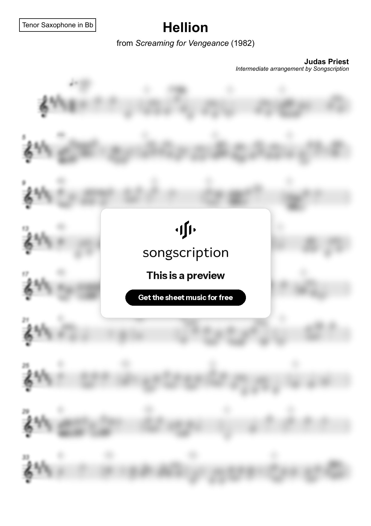 Intermediate Tenor Sax Sheet Music for "Hellion" by Judas Priest