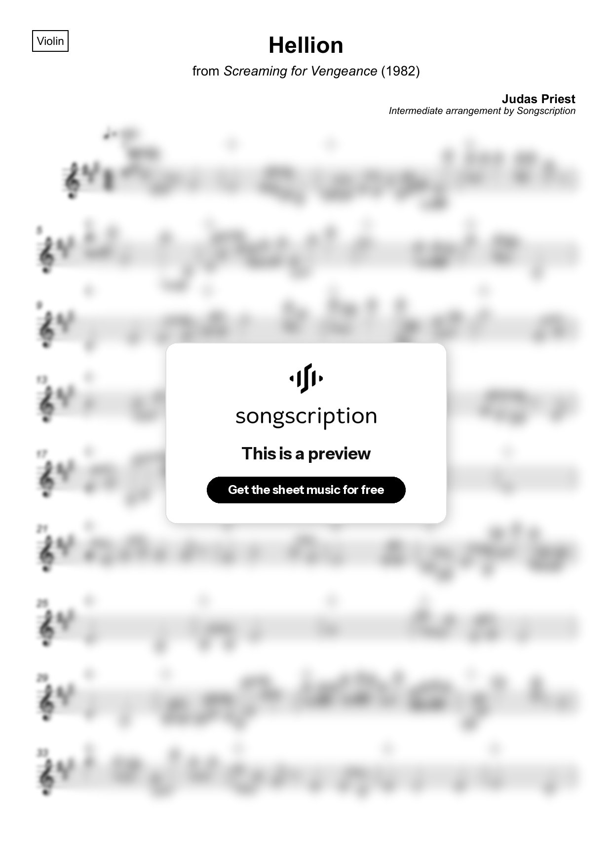 Intermediate Violin Sheet Music for "Hellion" by Judas Priest