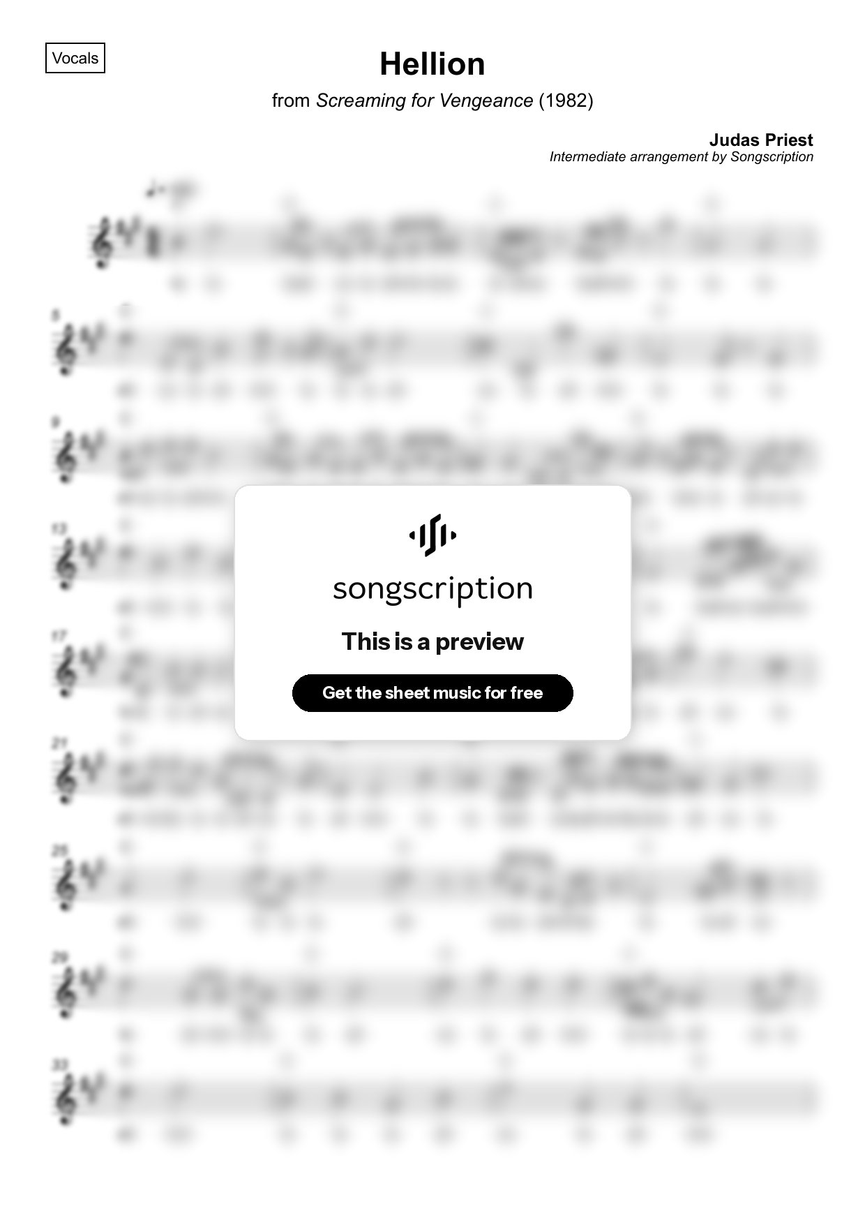 Intermediate Vocals Sheet Music for "Hellion" by Judas Priest