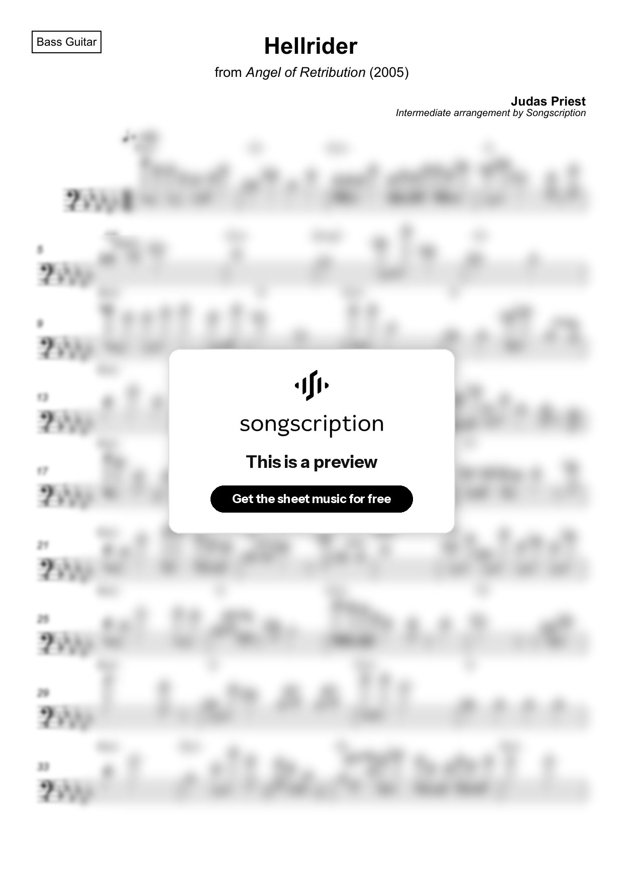 Intermediate Bass Guitar Sheet Music for "Hellrider" by Judas Priest