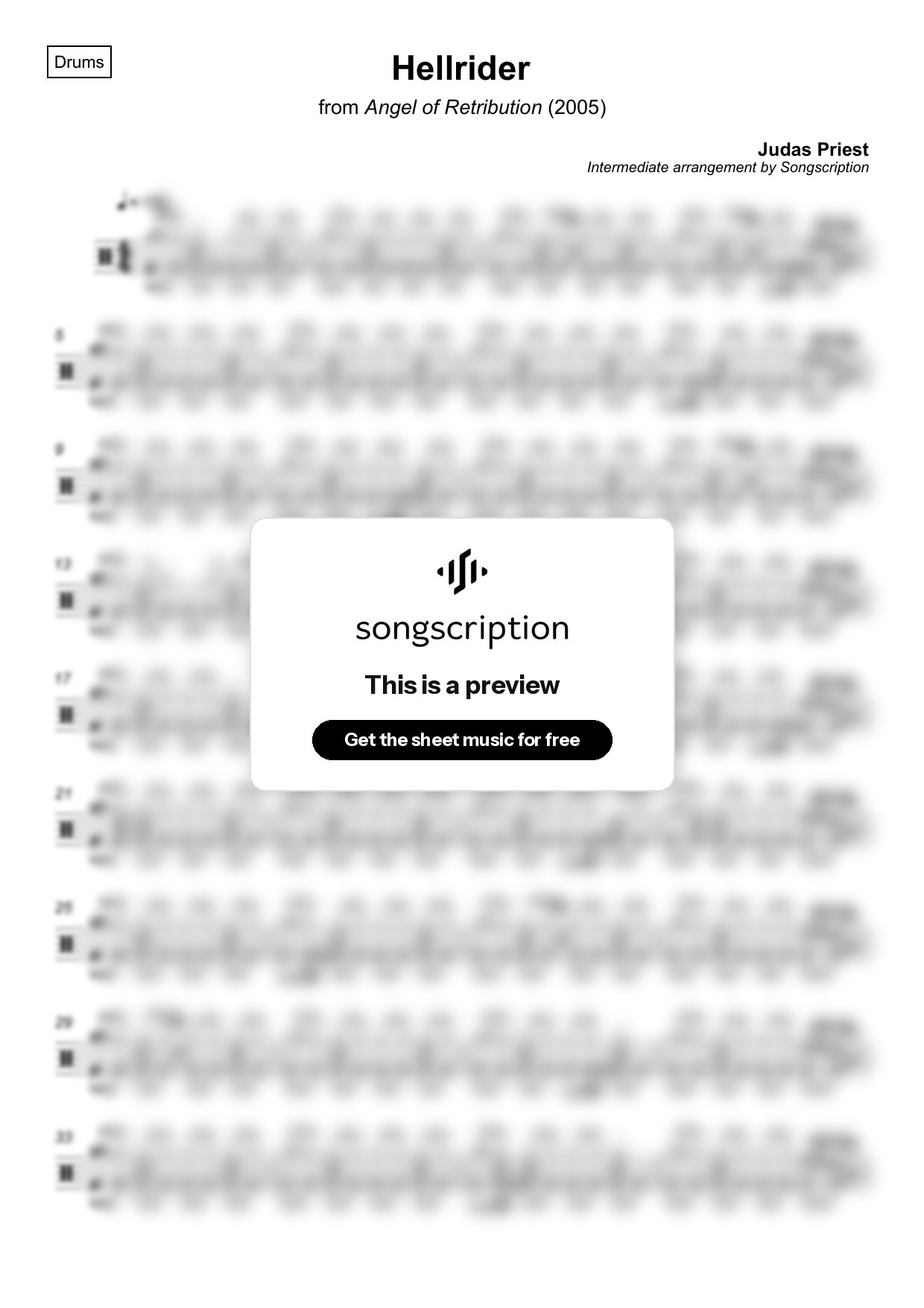 Intermediate Drums Sheet Music for "Hellrider" by Judas Priest