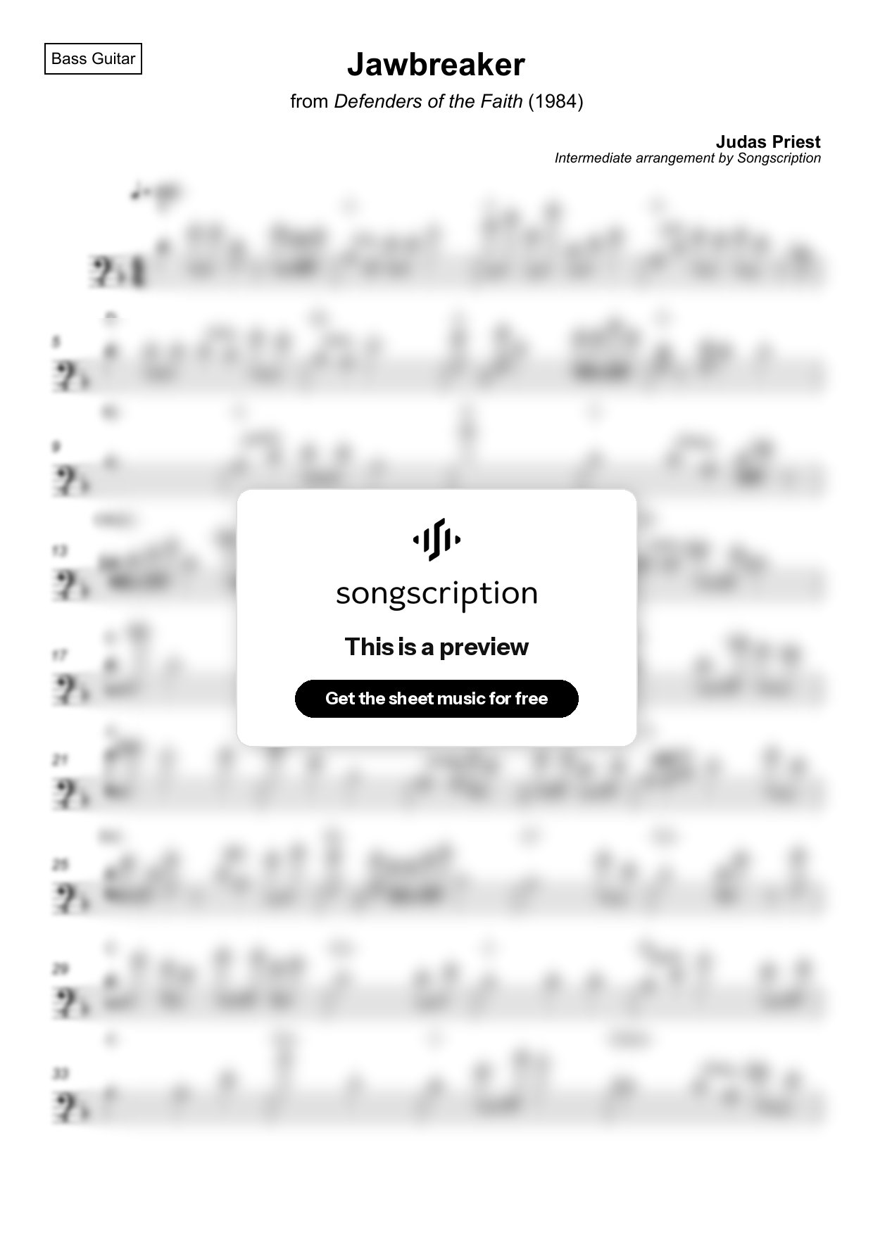 Intermediate Bass Guitar Sheet Music for "Jawbreaker" by Judas Priest