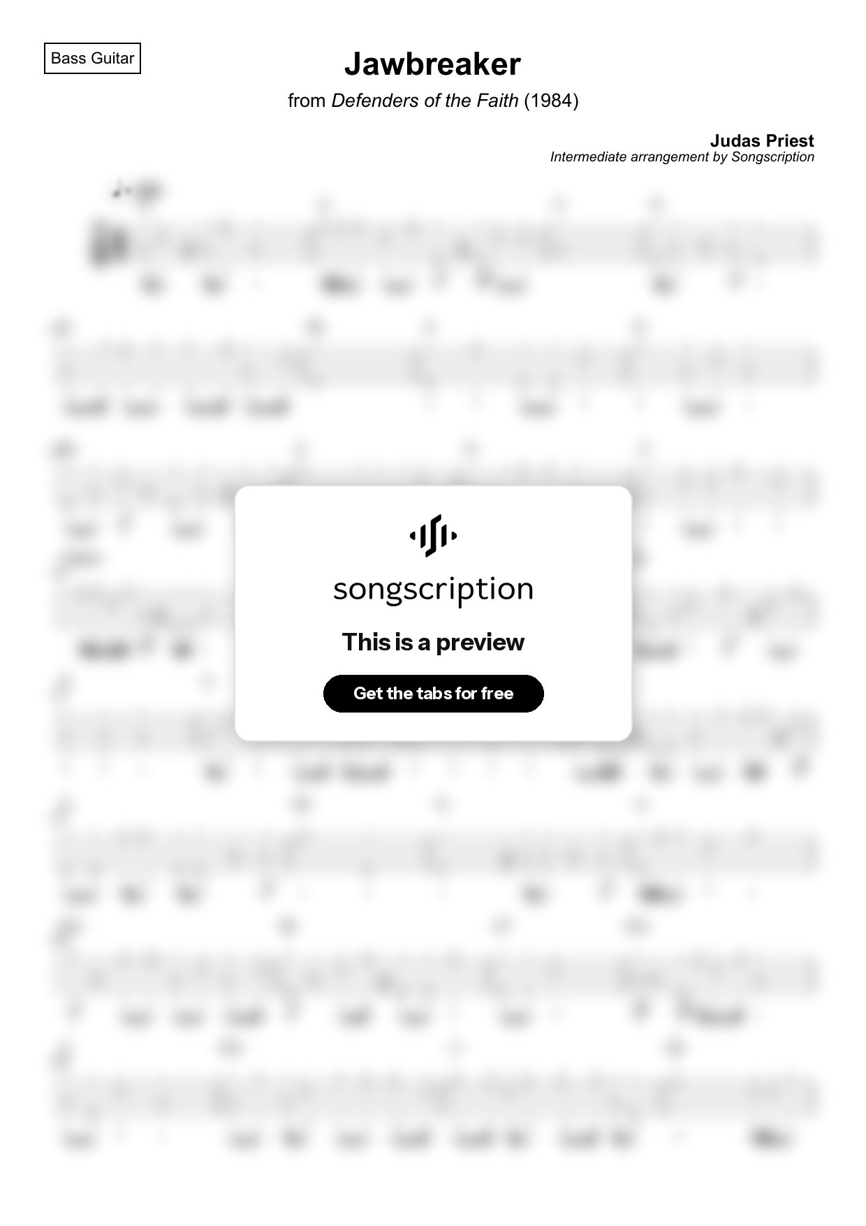 Intermediate Bass Guitar Tabs for "Jawbreaker" by Judas Priest