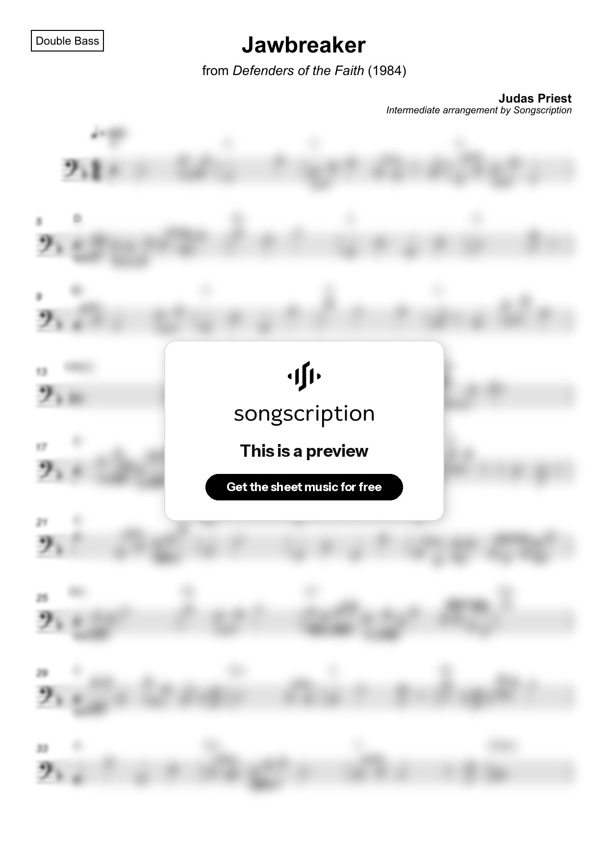 Intermediate Double Bass Sheet Music for "Jawbreaker" by Judas Priest
