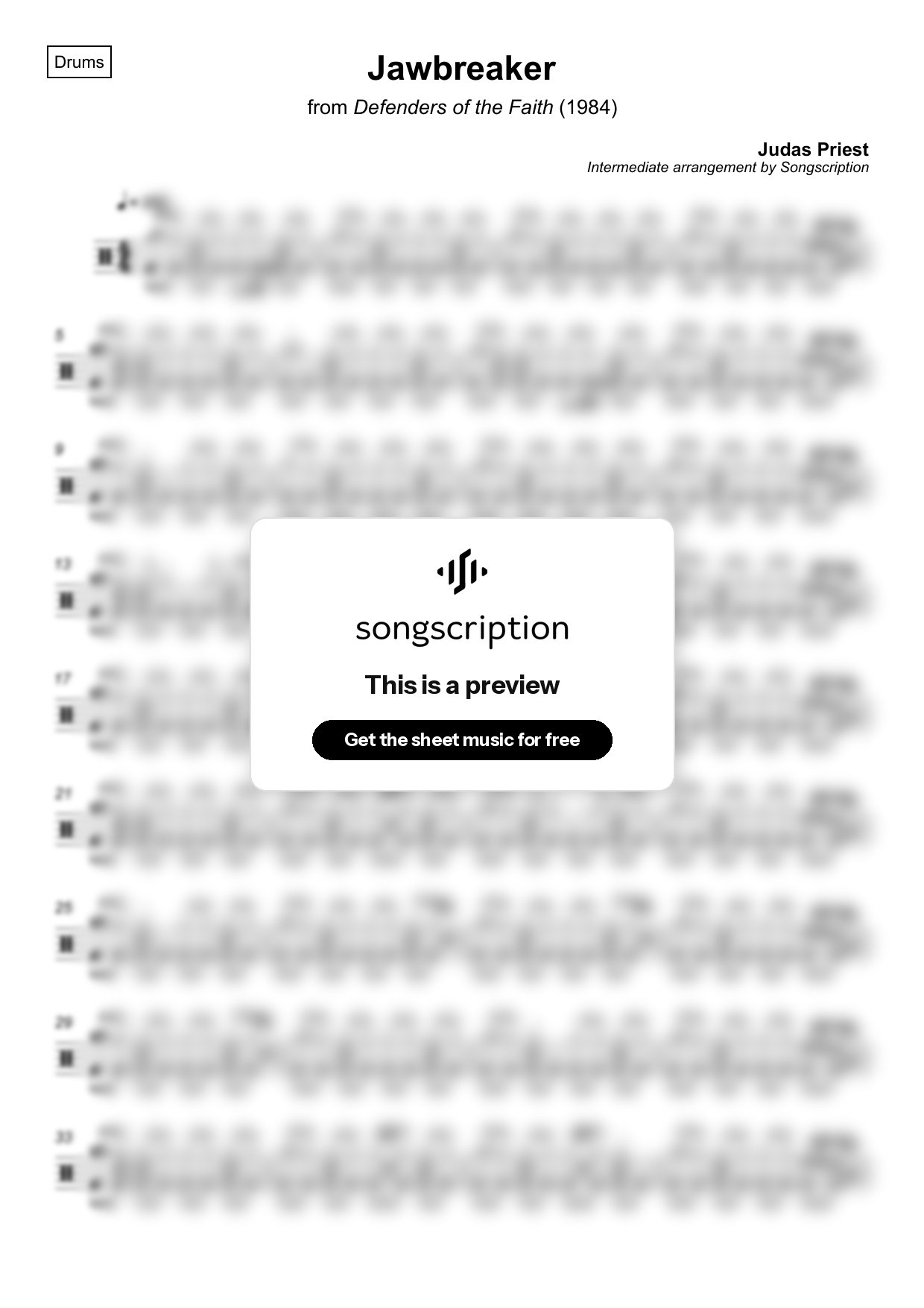 Intermediate Drums Sheet Music for "Jawbreaker" by Judas Priest