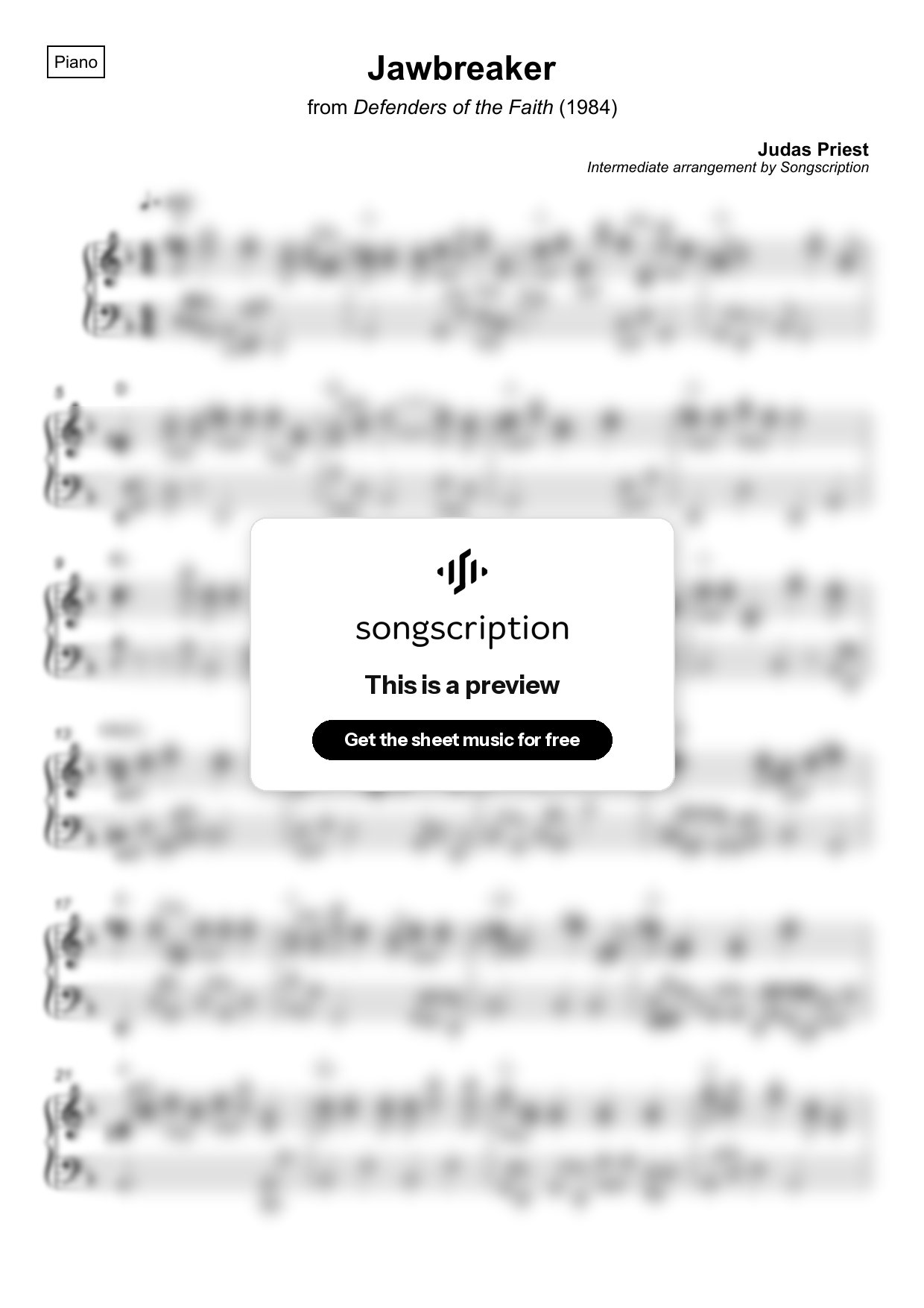Intermediate Piano Sheet Music for "Jawbreaker" by Judas Priest