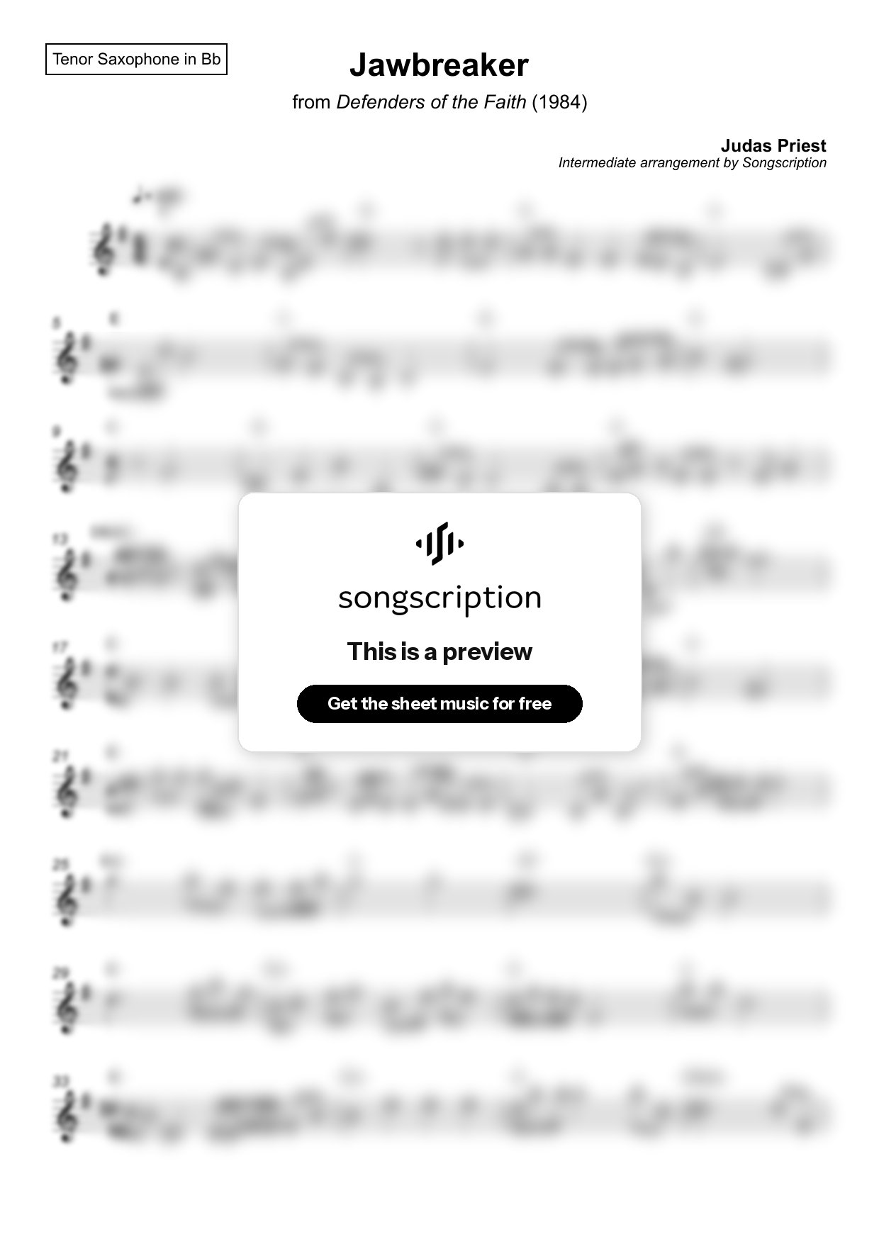 Intermediate Tenor Sax Sheet Music for "Jawbreaker" by Judas Priest