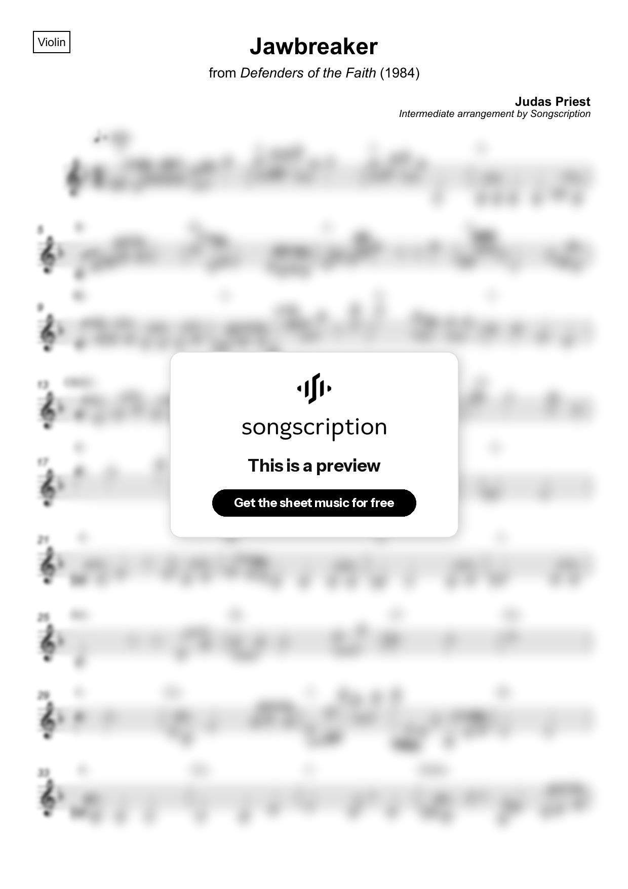 Intermediate Violin Sheet Music for "Jawbreaker" by Judas Priest