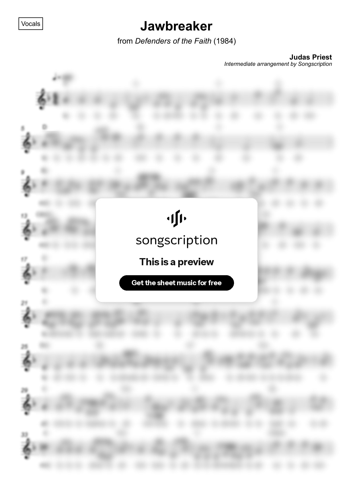Intermediate Vocals Sheet Music for "Jawbreaker" by Judas Priest
