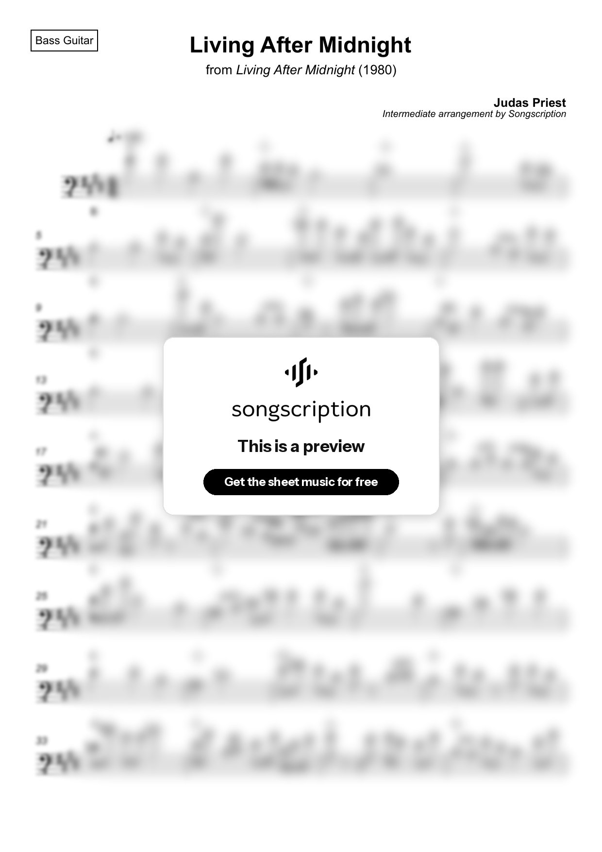 Intermediate Bass Guitar Sheet Music for "Living After Midnight" by Judas Priest