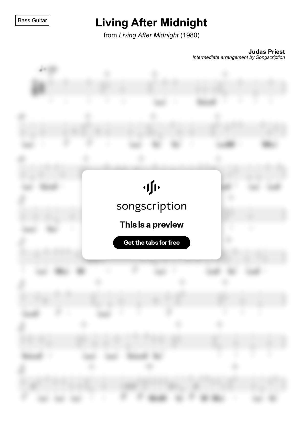 Intermediate Bass Guitar Tabs for "Living After Midnight" by Judas Priest