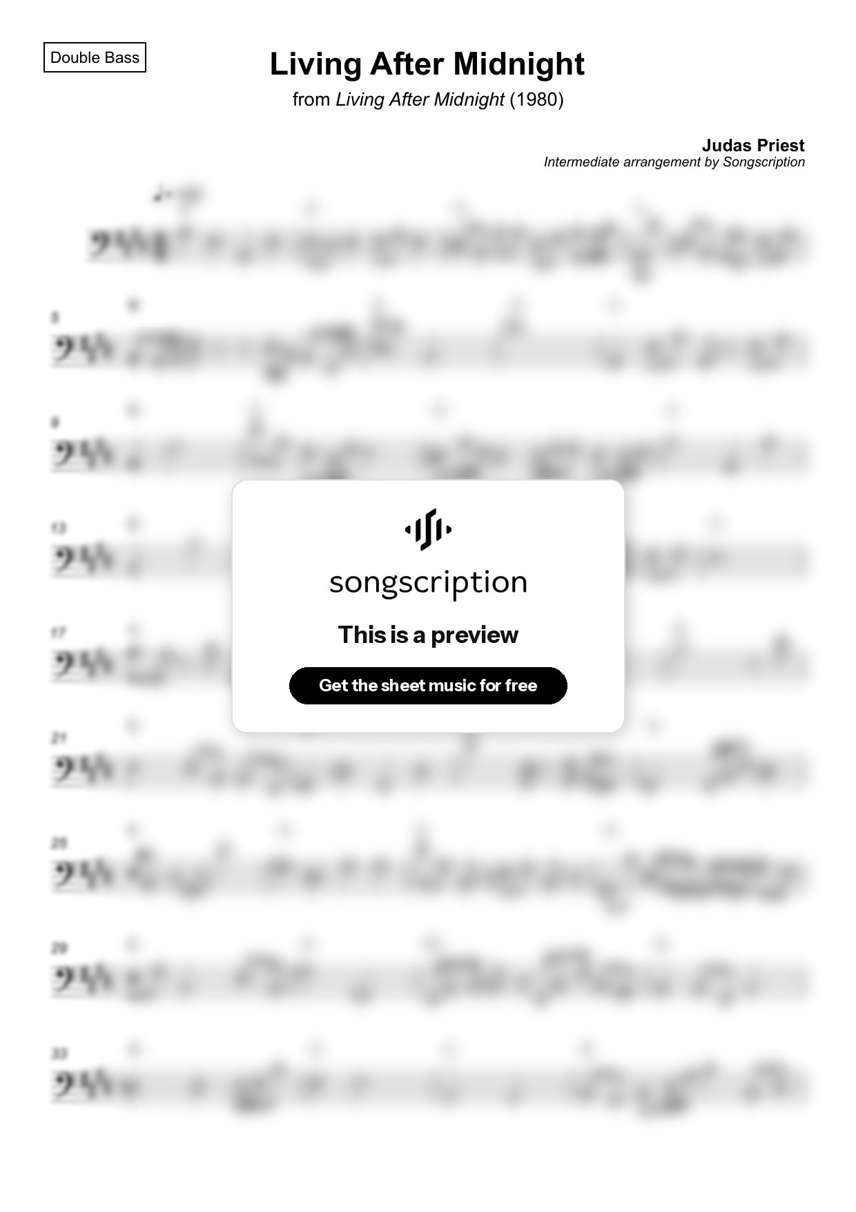 Intermediate Double Bass Sheet Music for "Living After Midnight" by Judas Priest