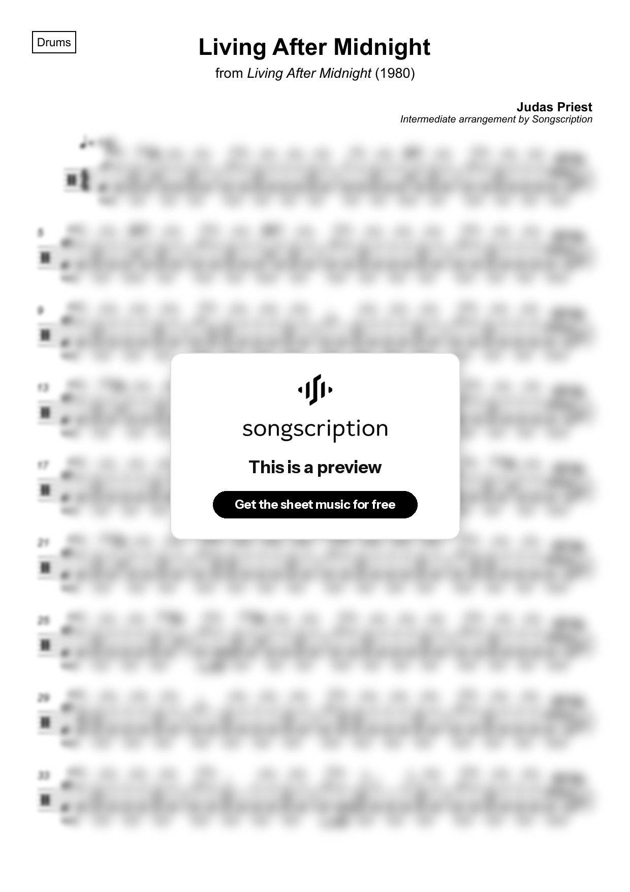 Intermediate Drums Sheet Music for "Living After Midnight" by Judas Priest