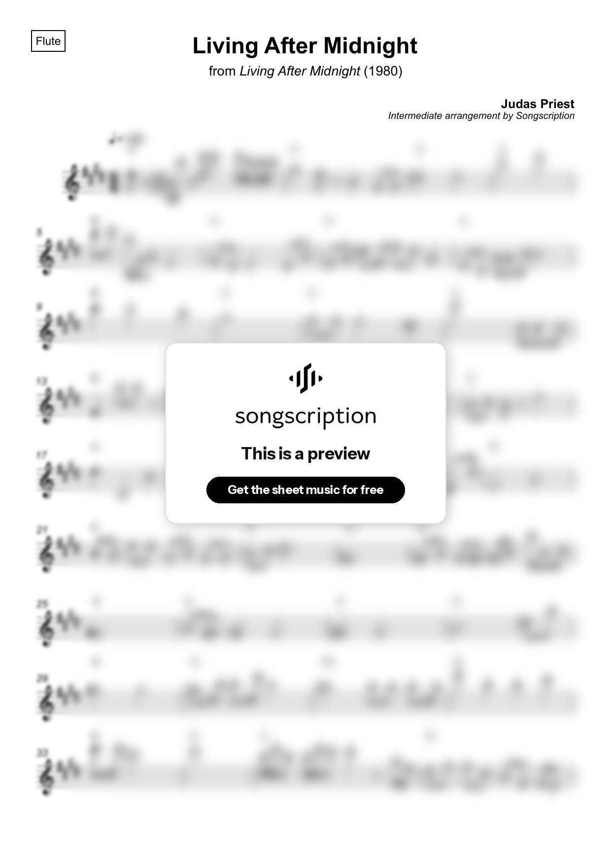Intermediate Flute Sheet Music for "Living After Midnight" by Judas Priest