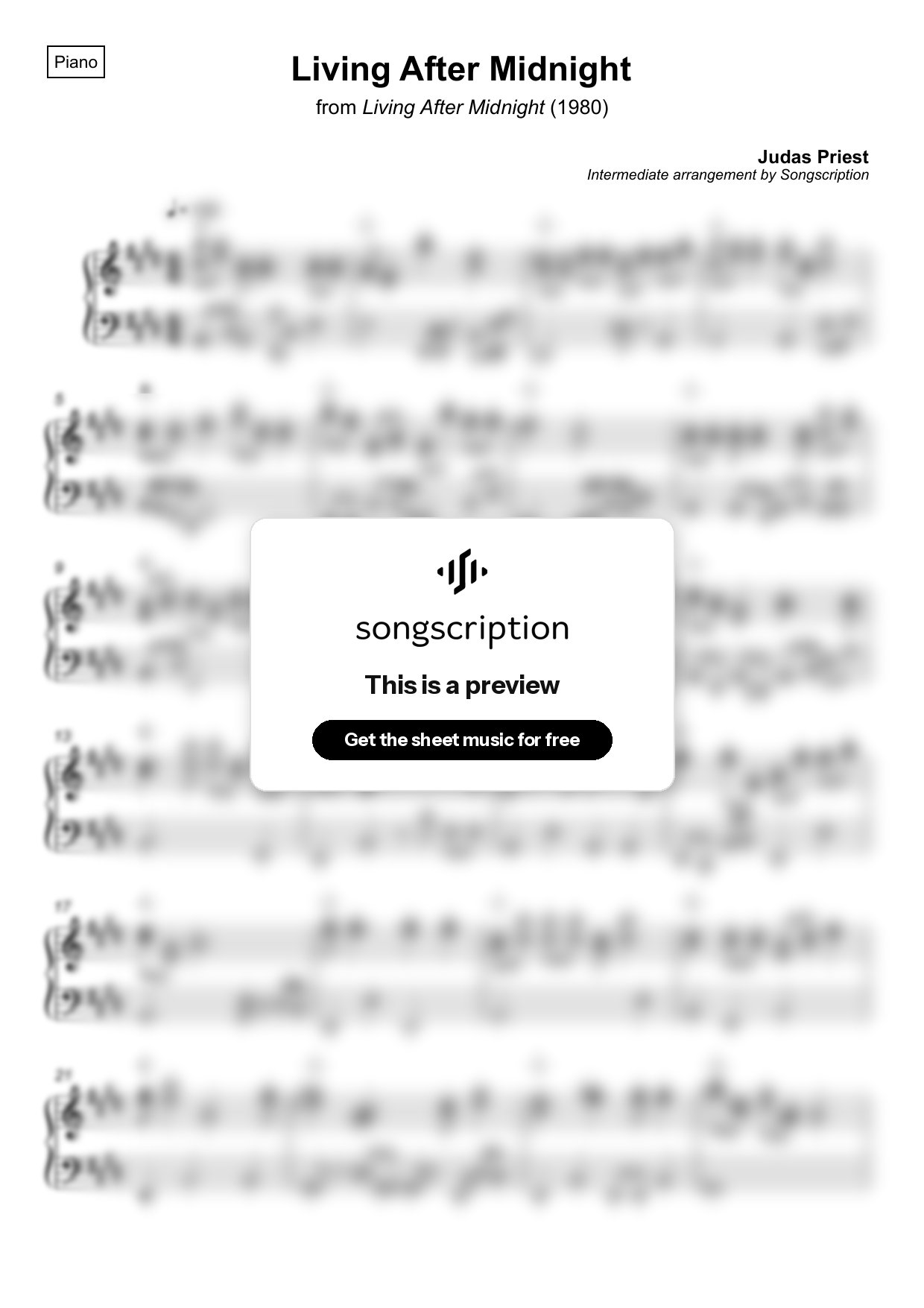 Intermediate Piano Sheet Music for "Living After Midnight" by Judas Priest