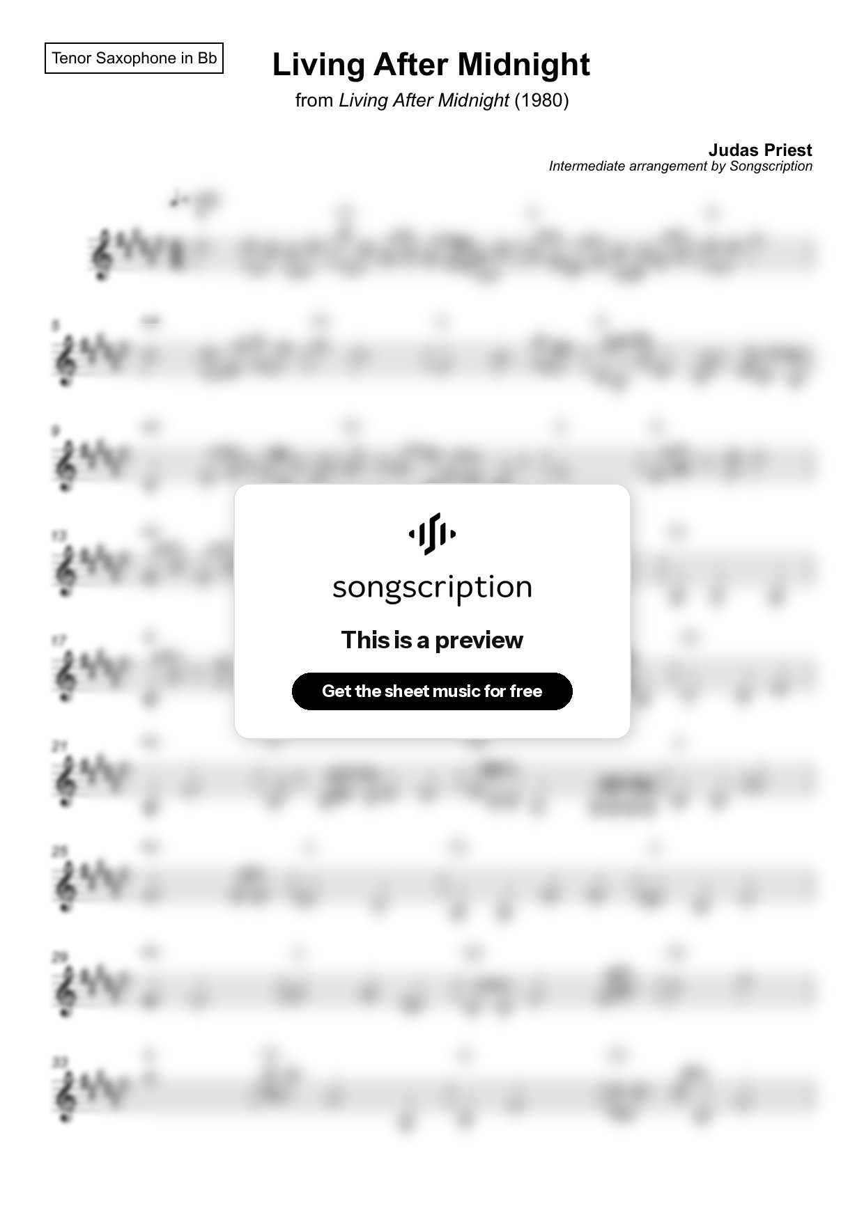 Intermediate Tenor Sax Sheet Music for "Living After Midnight" by Judas Priest