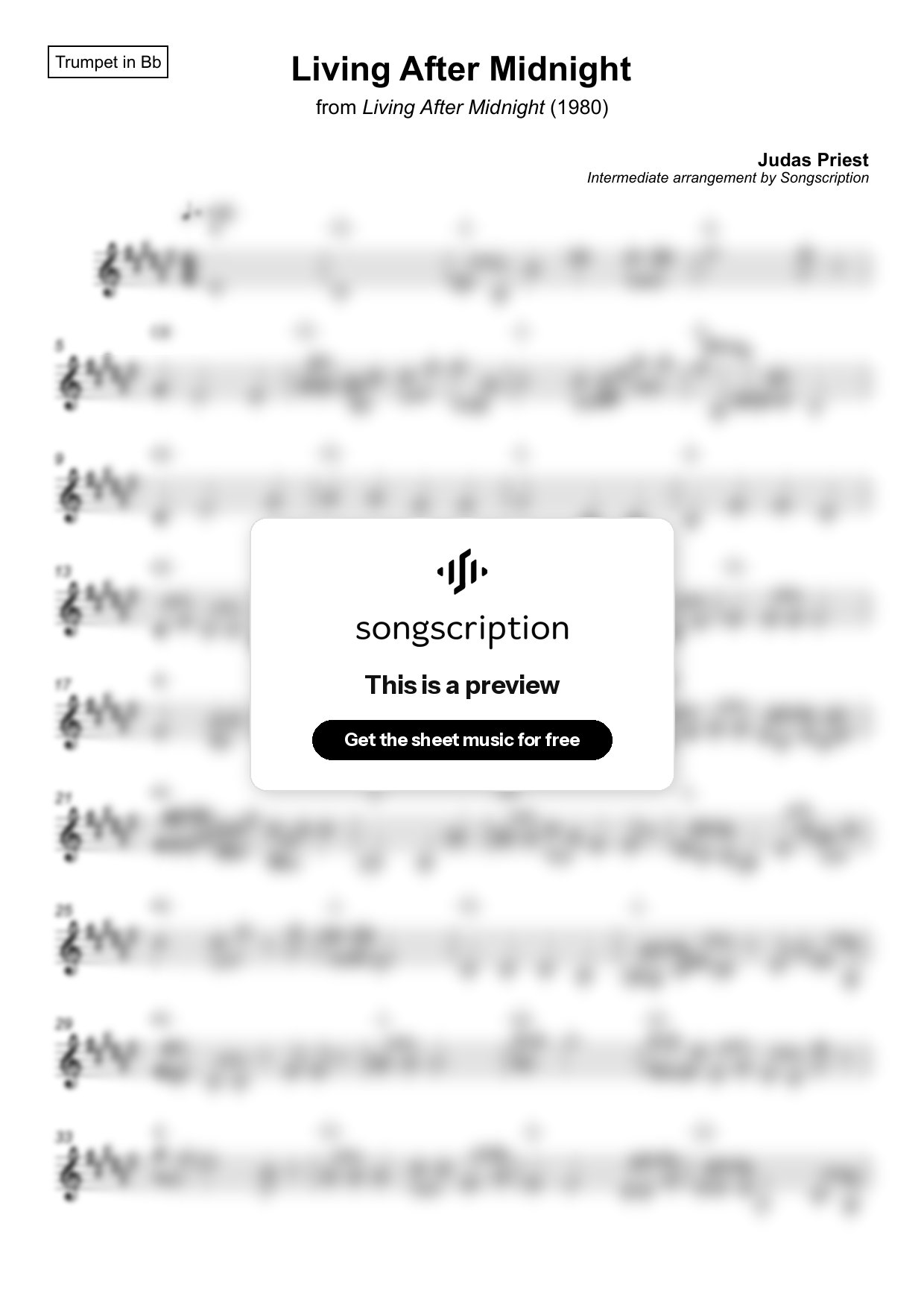 Intermediate Trumpet Sheet Music for "Living After Midnight" by Judas Priest