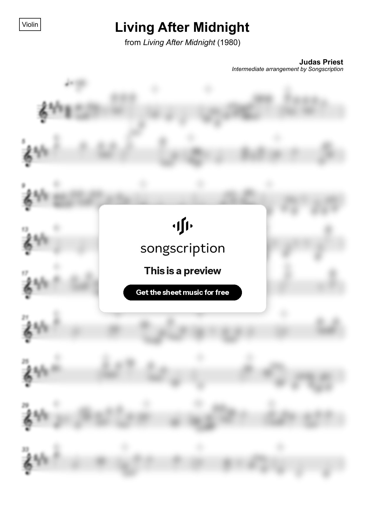 Intermediate Violin Sheet Music for "Living After Midnight" by Judas Priest