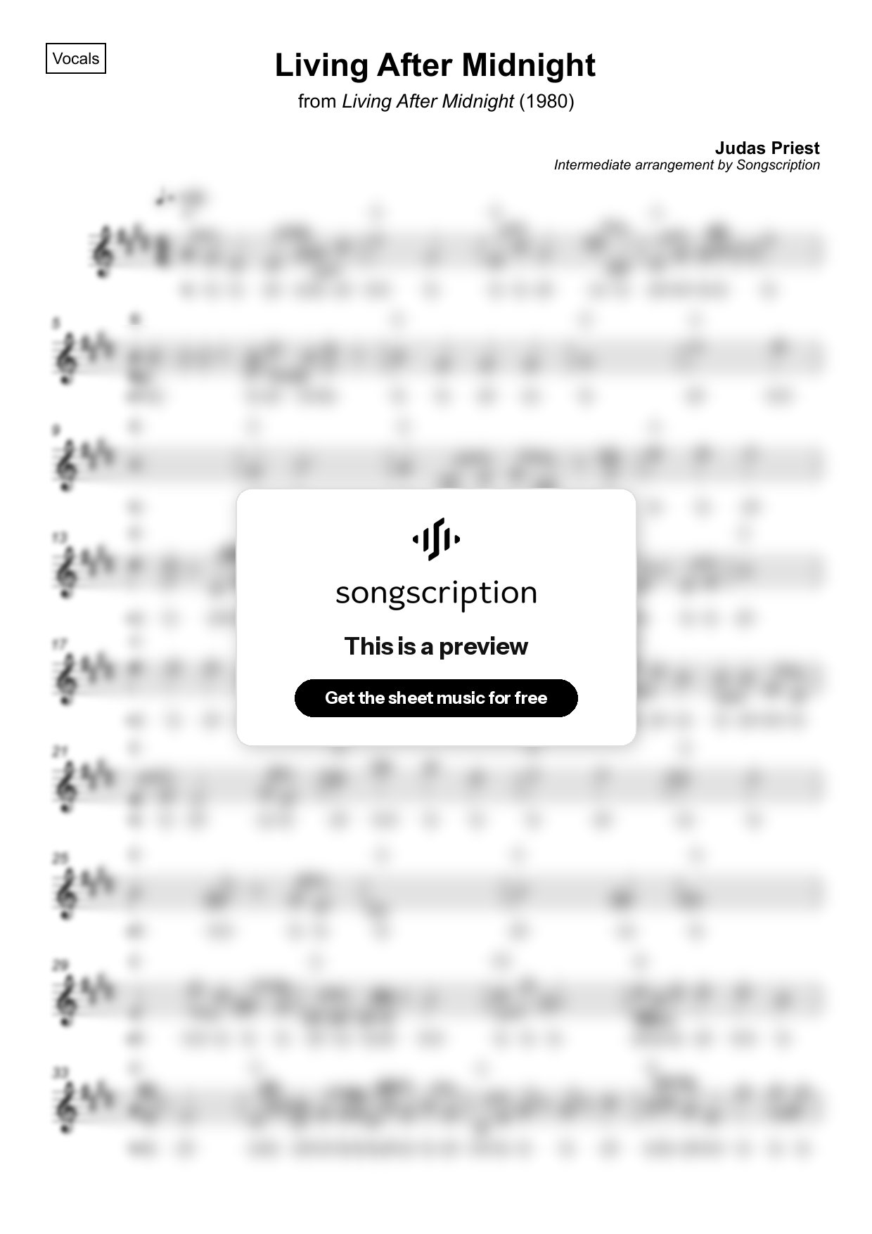Intermediate Vocals Sheet Music for "Living After Midnight" by Judas Priest