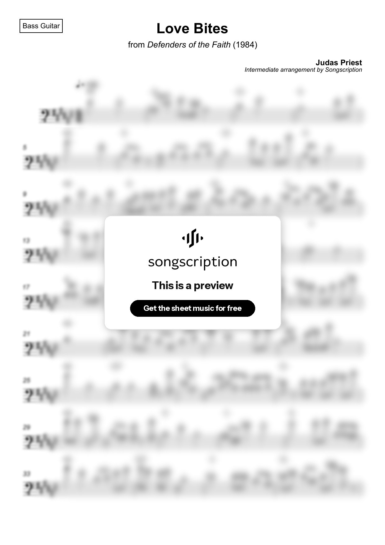 Intermediate Bass Guitar Sheet Music for "Love Bites" by Judas Priest