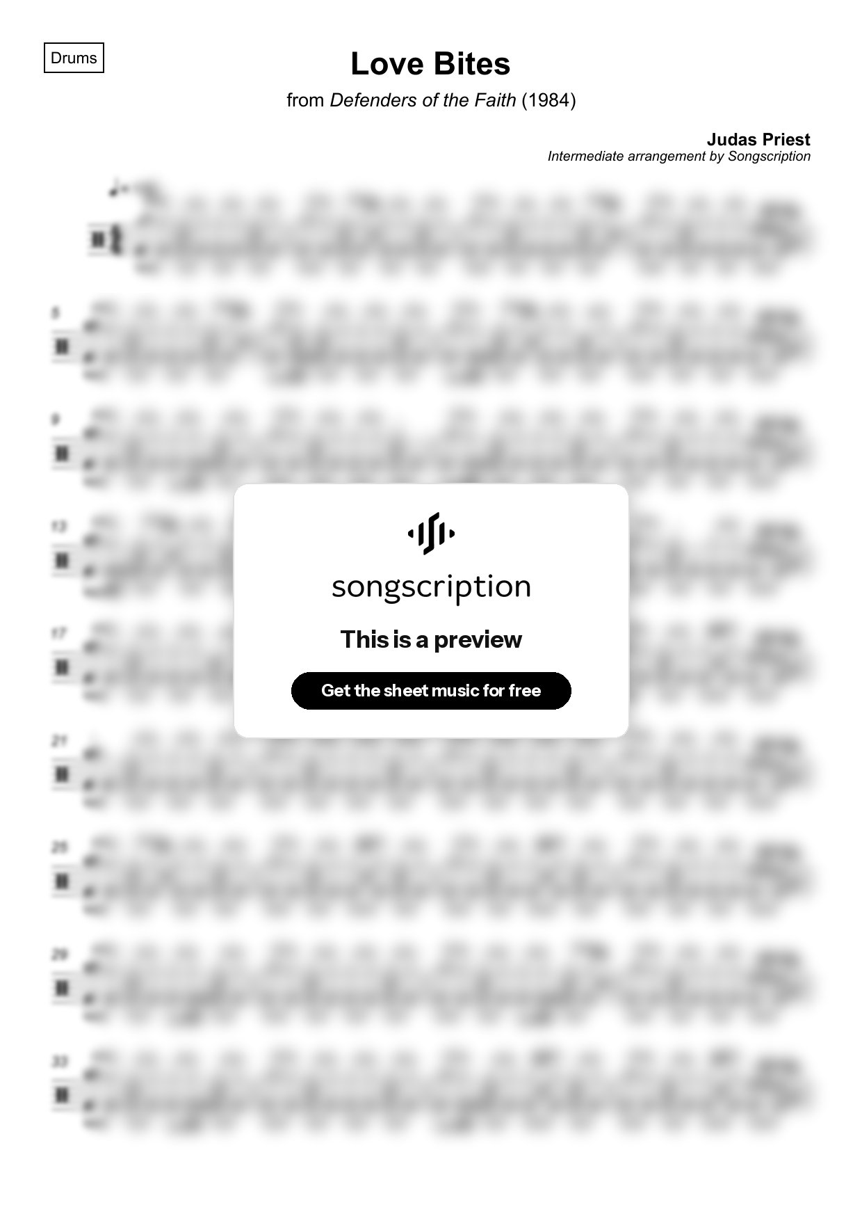 Intermediate Drums Sheet Music for "Love Bites" by Judas Priest