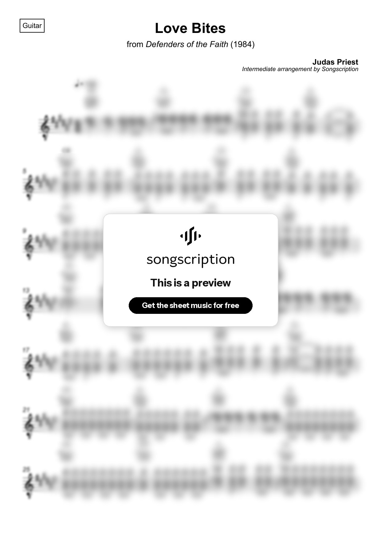 Intermediate Acoustic Guitar Sheet Music for "Love Bites" by Judas Priest