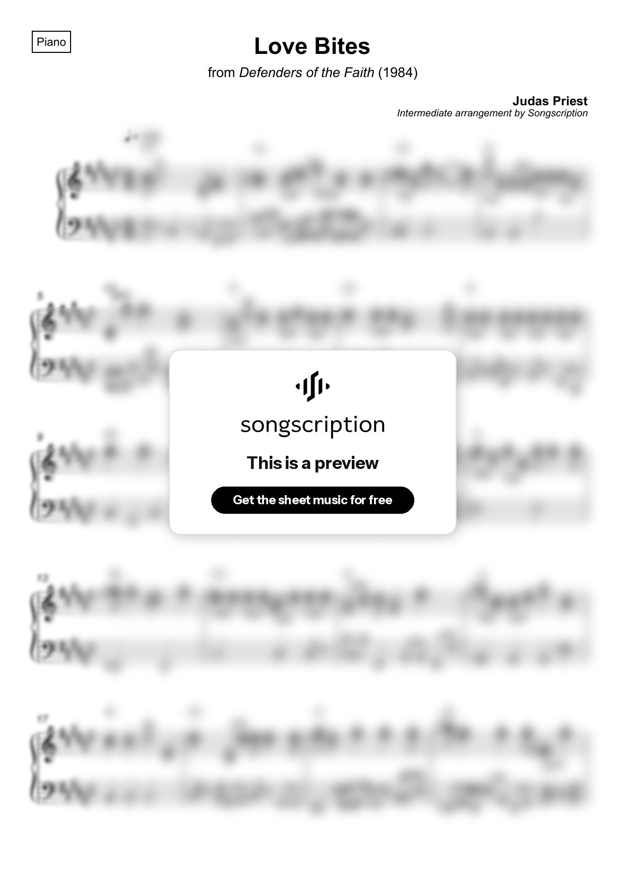 Intermediate Piano Sheet Music for "Love Bites" by Judas Priest