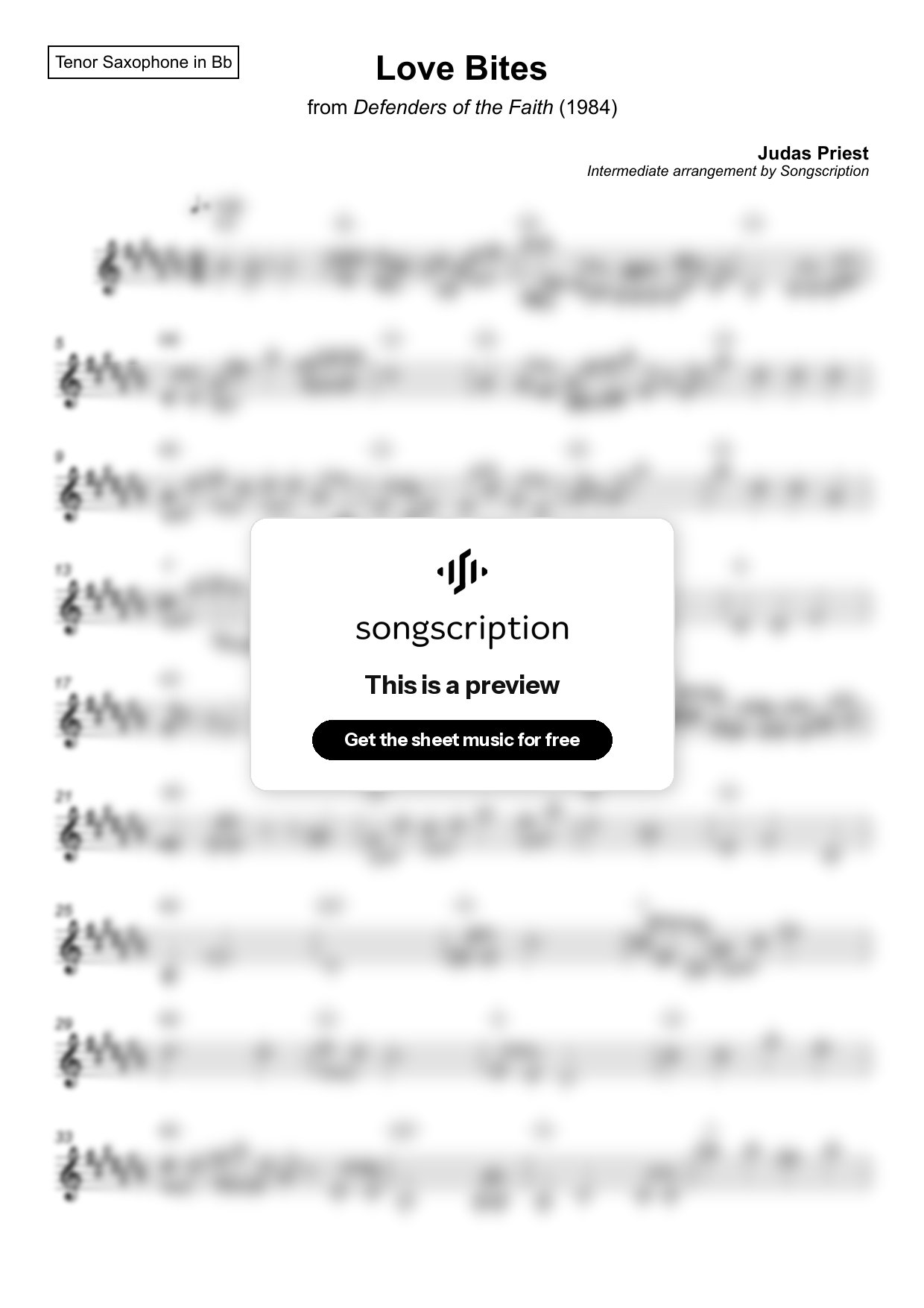 Intermediate Tenor Sax Sheet Music for "Love Bites" by Judas Priest